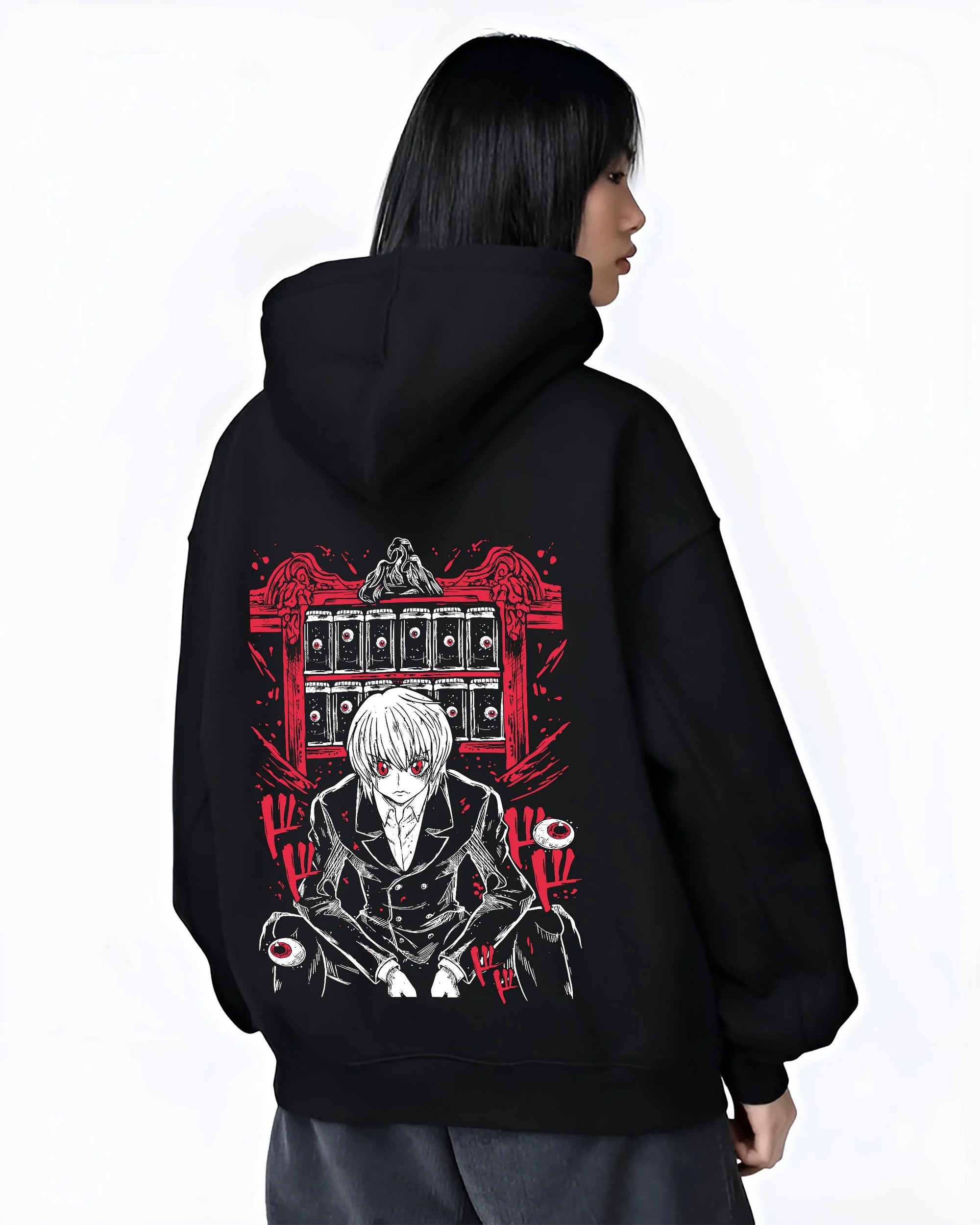 Black hoodie worn by female model, back view with Hunter x Hunter Kurapika Hoodie Chain User Jumper graphic premium wear.
