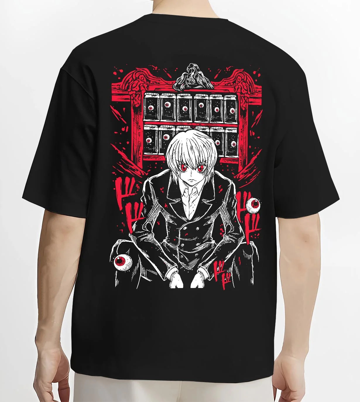 Black T-shirt worn by male model, back view with Hunter x Hunter Kurapika Hoodie Chain User Jumper graphic bold anime graphic.