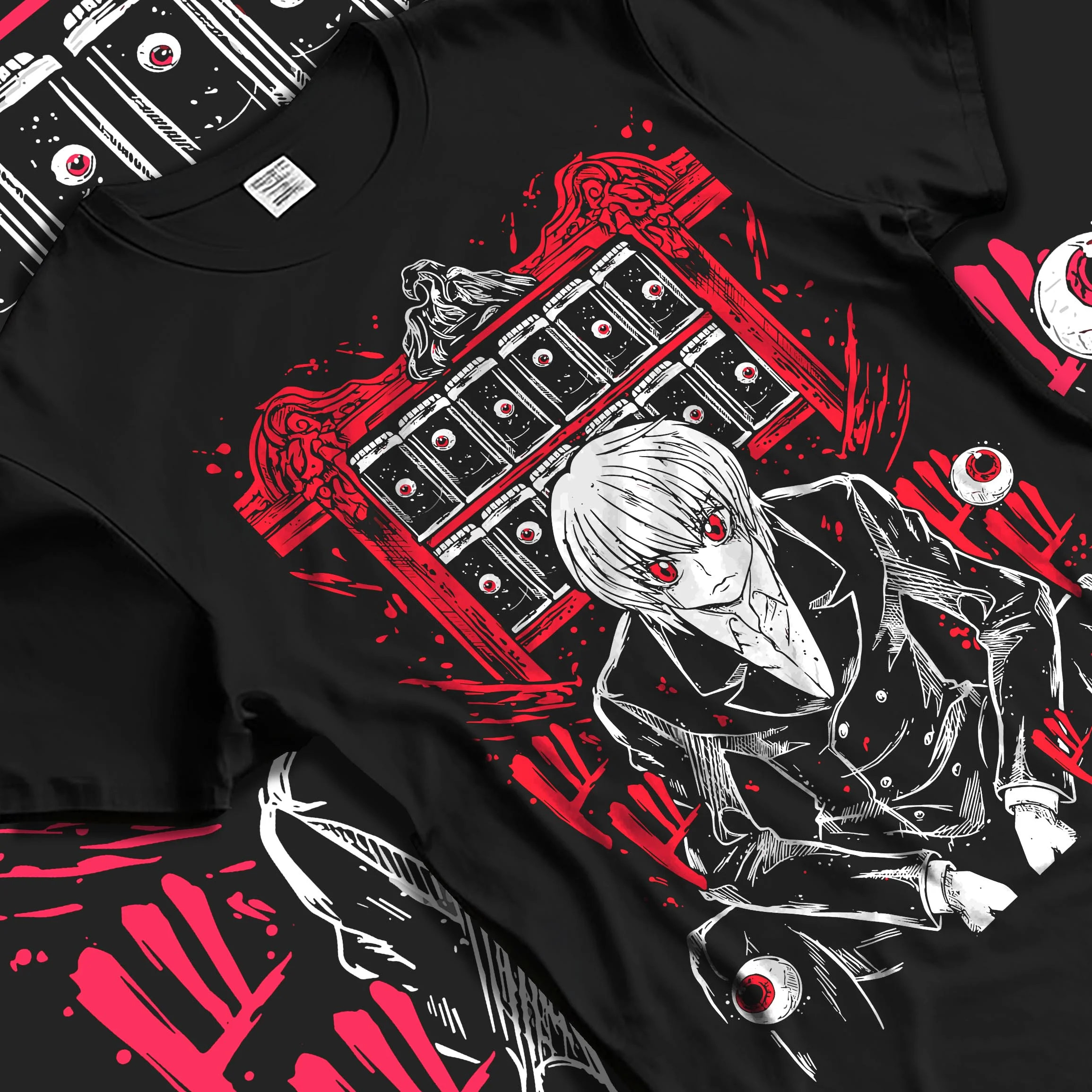 Black T-shirt laid flat with natural folds with Hunter x Hunter Kurapika Hoodie Chain User Jumper graphic streetwear graphic.