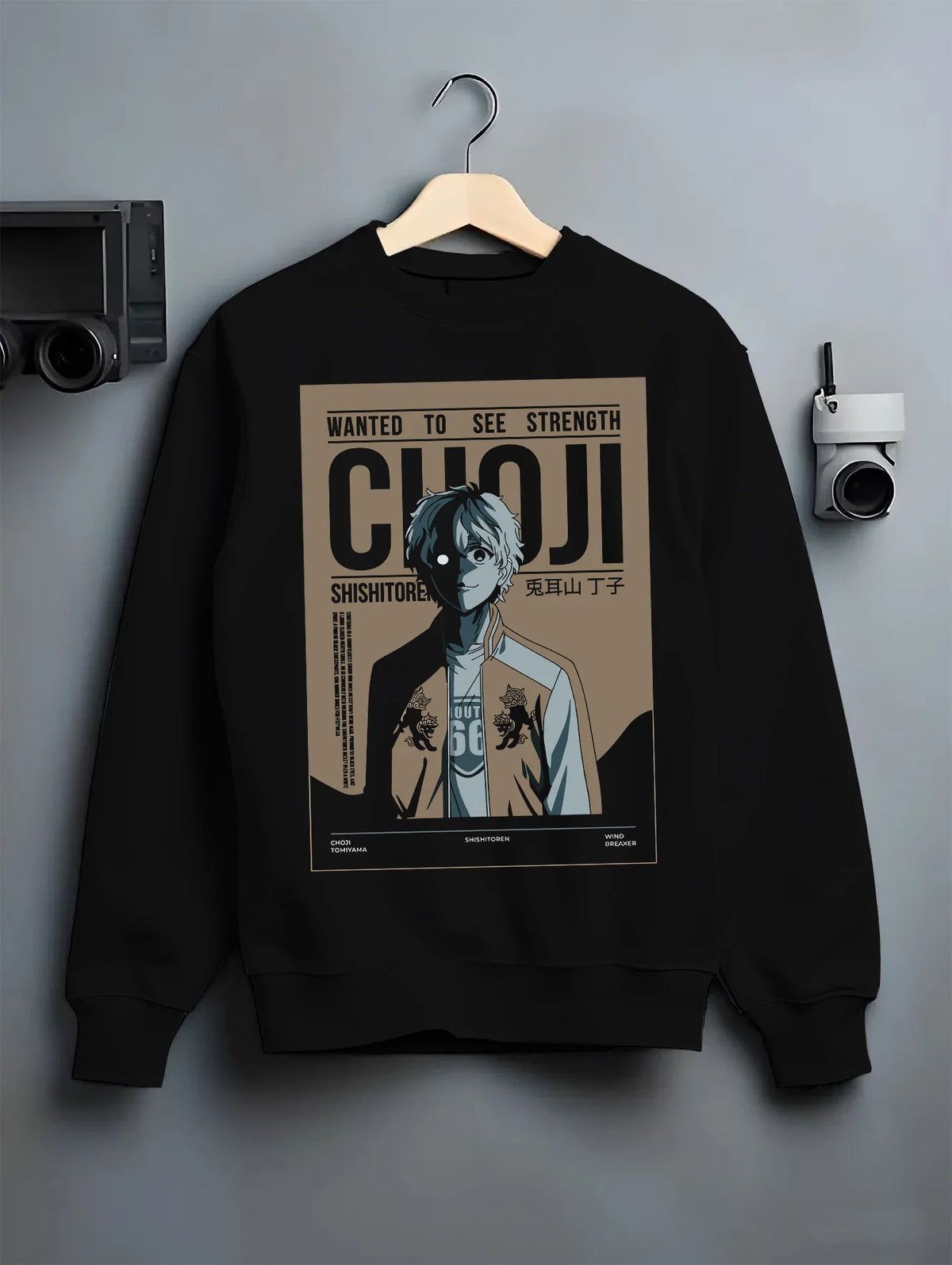 Black crewneck sweatshirt on hanger showing Choji Tomiyama from Wind Breaker: Shishitoren