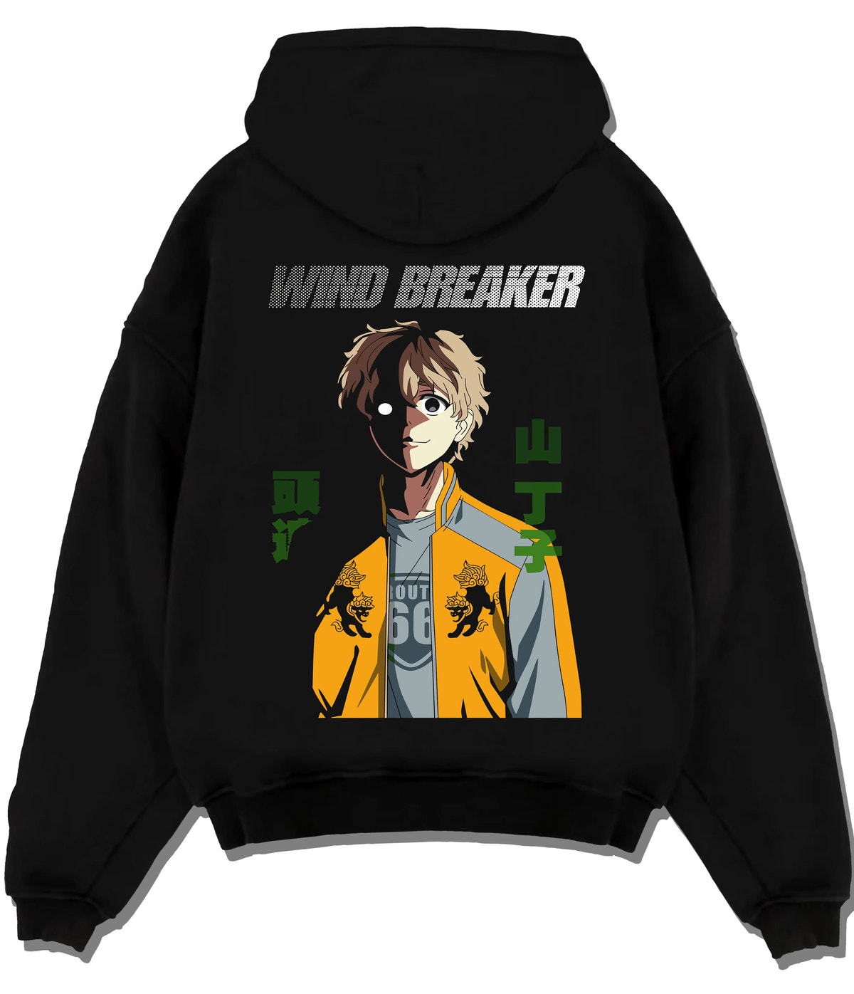 Black hoodie flat back view with Choji Tomiyama from Wind Breaker illustrated back graphic