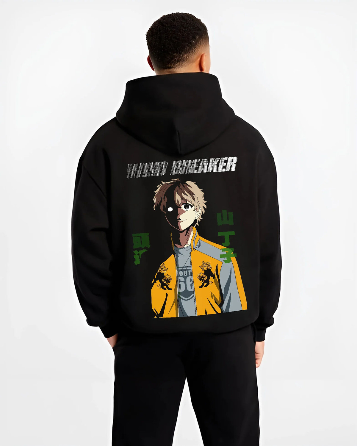 Black hoodie model back view with Choji Tomiyama from Wind Breaker illustrated back graphic
