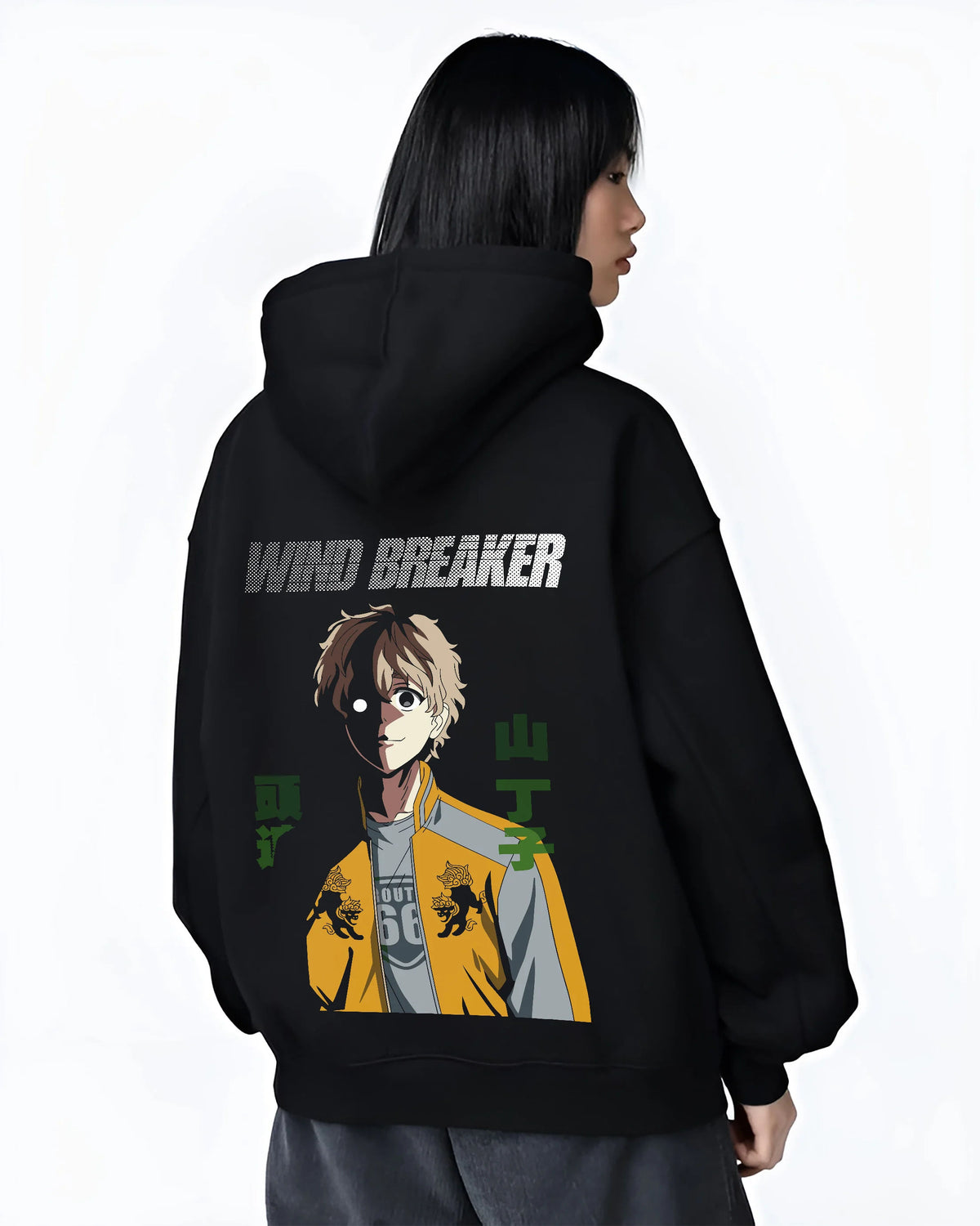 Black hoodie female model back view with Choji Tomiyama from Wind Breaker illustrated back graphic