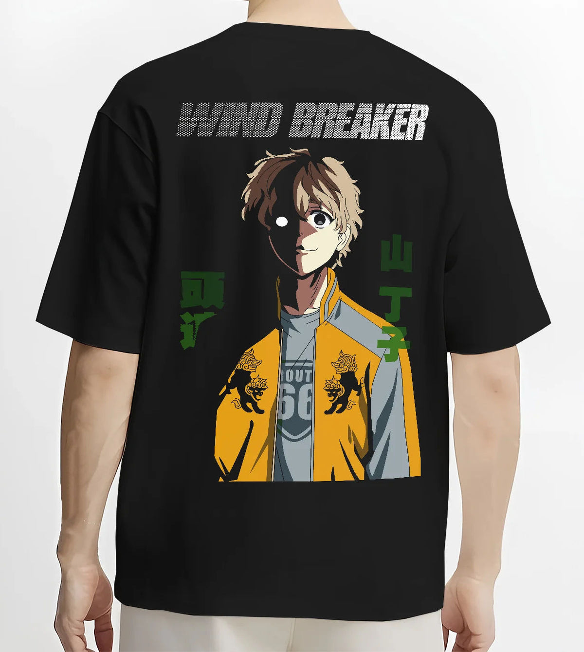 Black T-shirt model back view with Choji Tomiyama from Wind Breaker illustrated back graphic