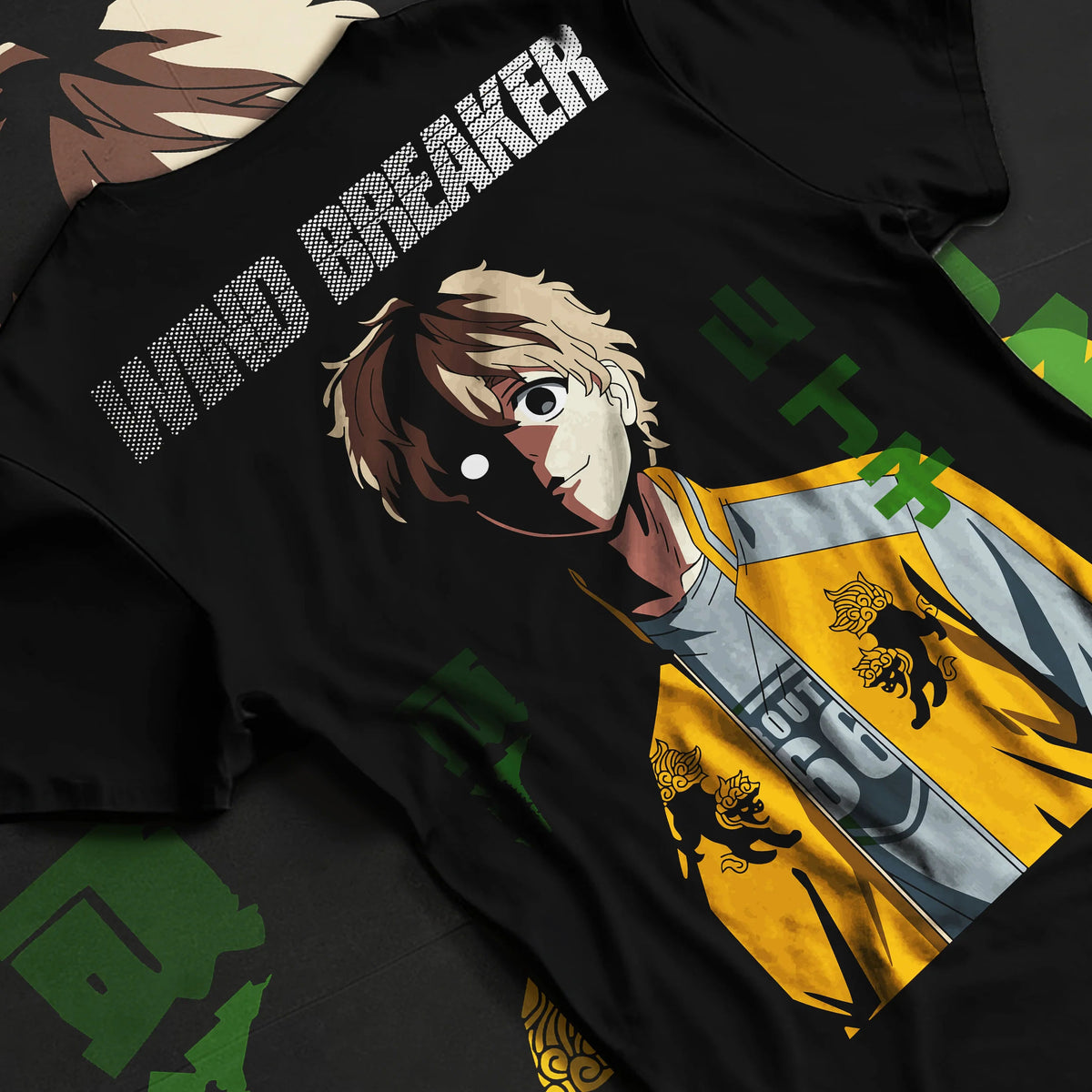 Black T-shirt flat back view with Choji Tomiyama from Wind Breaker illustrated back graphic