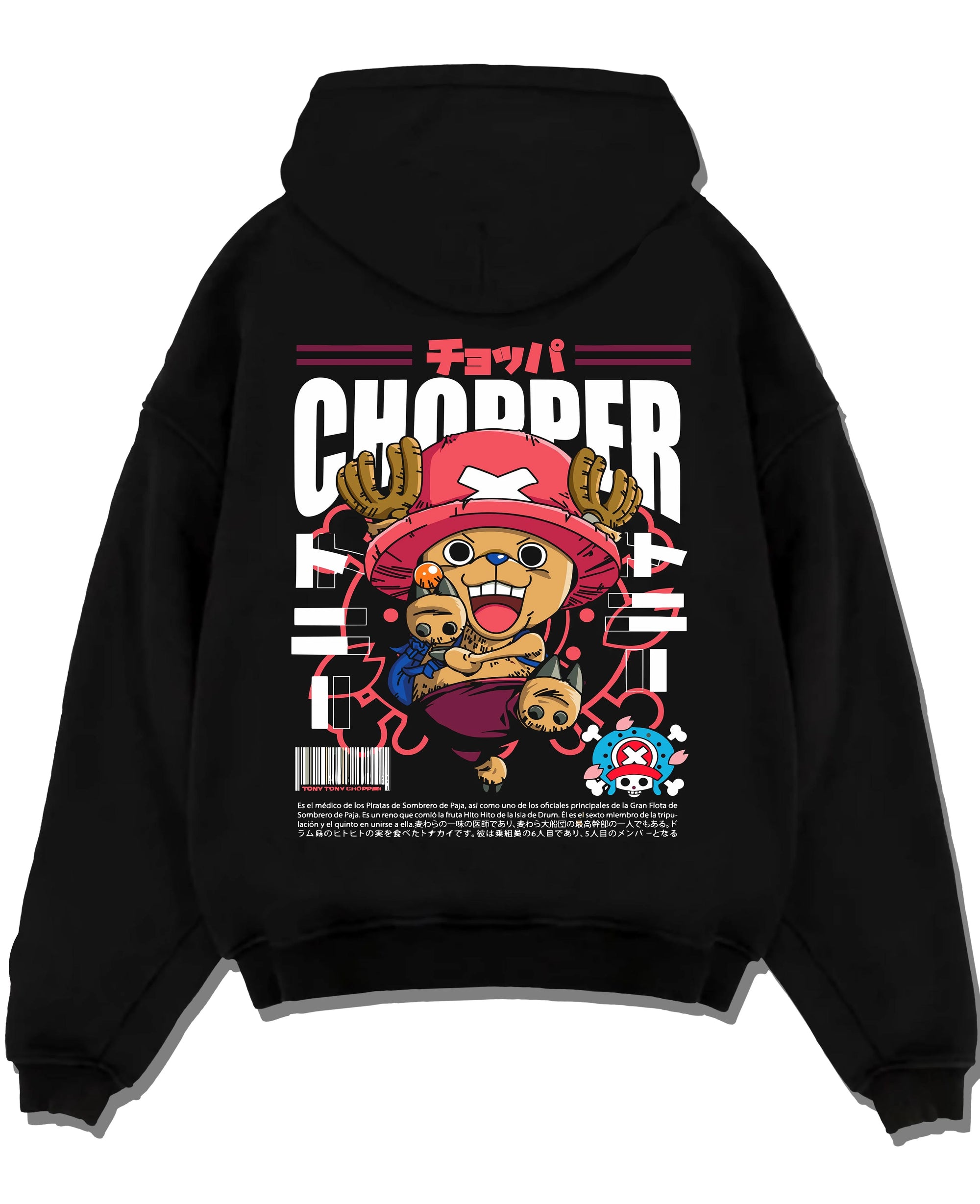 Black pullover hoodie laid flat with Chopper Hoodie One Piece Doctor Retro Pirate Poster graphic bold anime graphic.