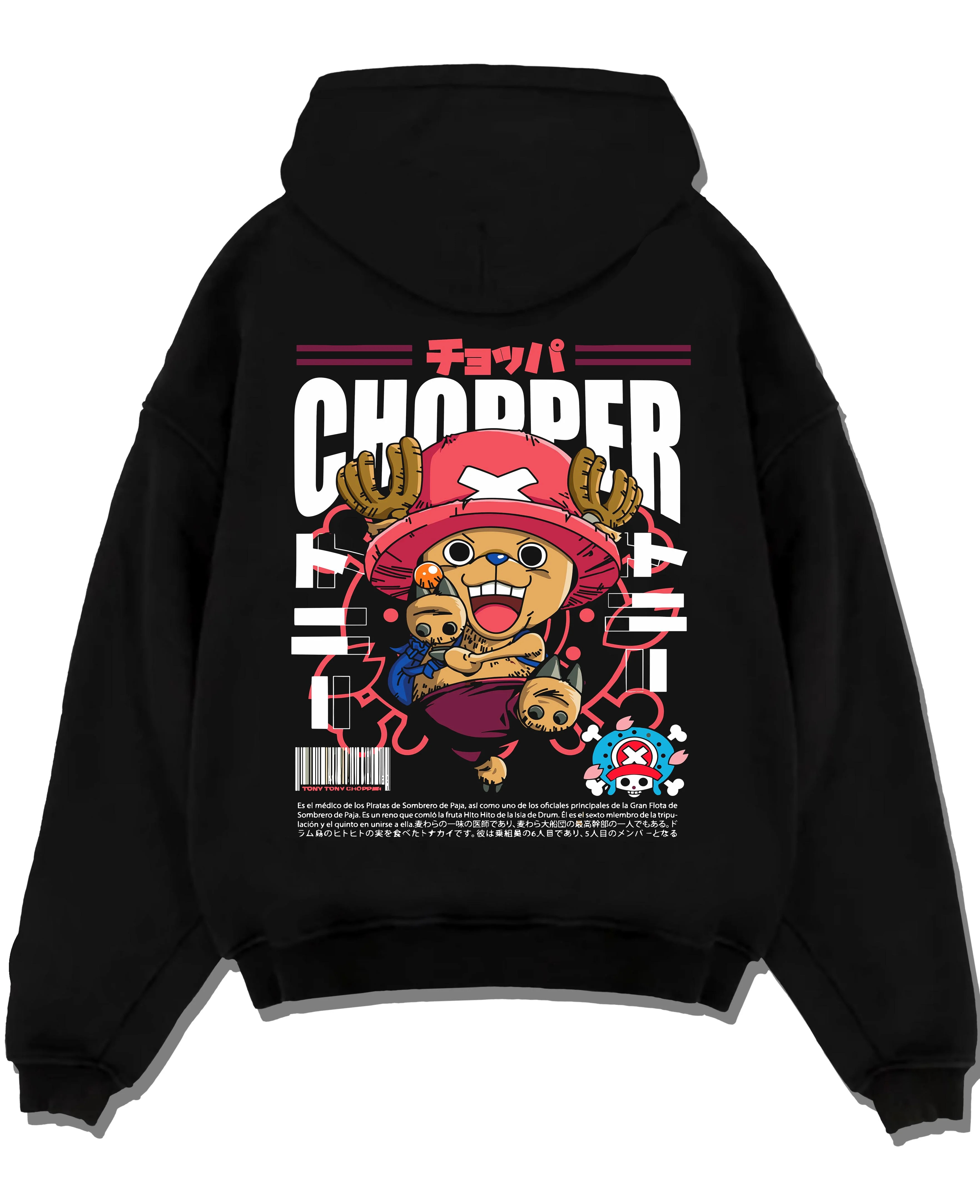 Black pullover hoodie laid flat with Chopper Hoodie One Piece Doctor Retro Pirate Poster graphic bold anime graphic.