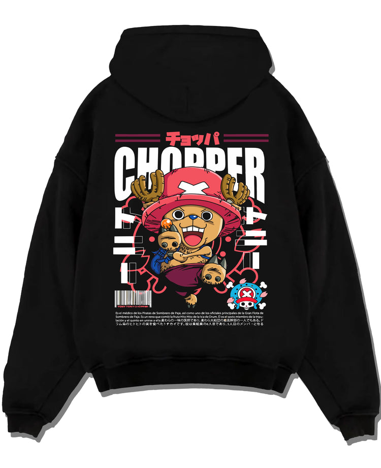 Black pullover hoodie laid flat with Chopper Hoodie One Piece Doctor Retro Pirate Poster graphic bold anime graphic.