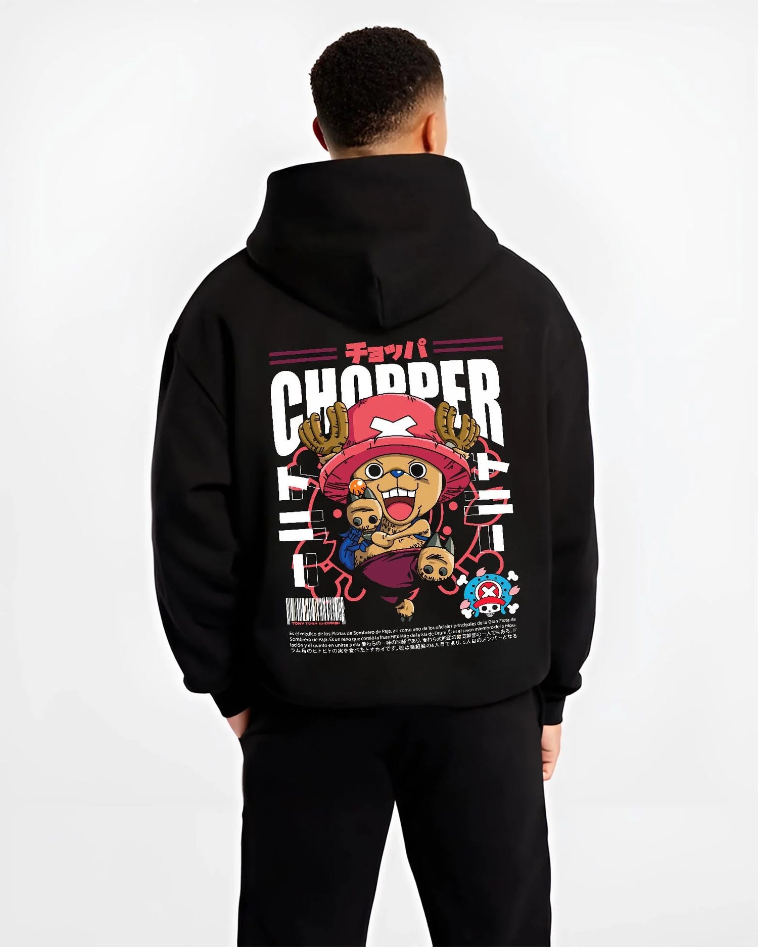 Black hoodie worn by male model, back view with Chopper Hoodie One Piece Doctor Retro Pirate Poster graphic bold anime graphic.