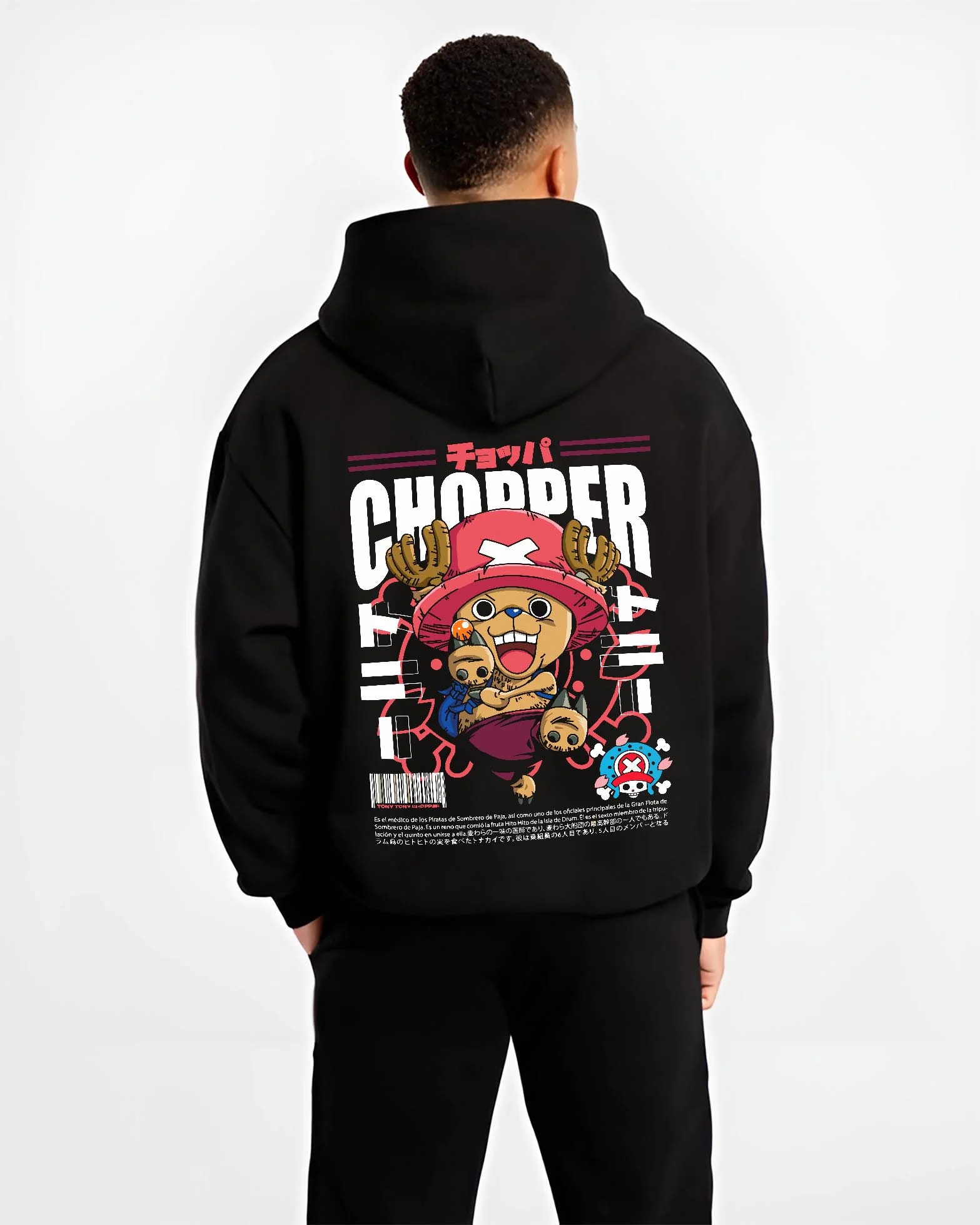 Black hoodie worn by male model, back view with Chopper Hoodie One Piece Doctor Retro Pirate Poster graphic bold anime graphic.