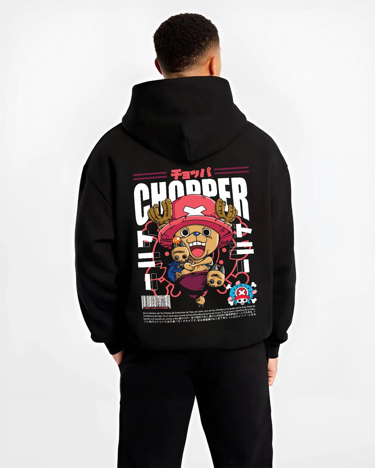 Black hoodie worn by male model, back view with Chopper Hoodie One Piece Doctor Retro Pirate Poster graphic bold anime graphic.