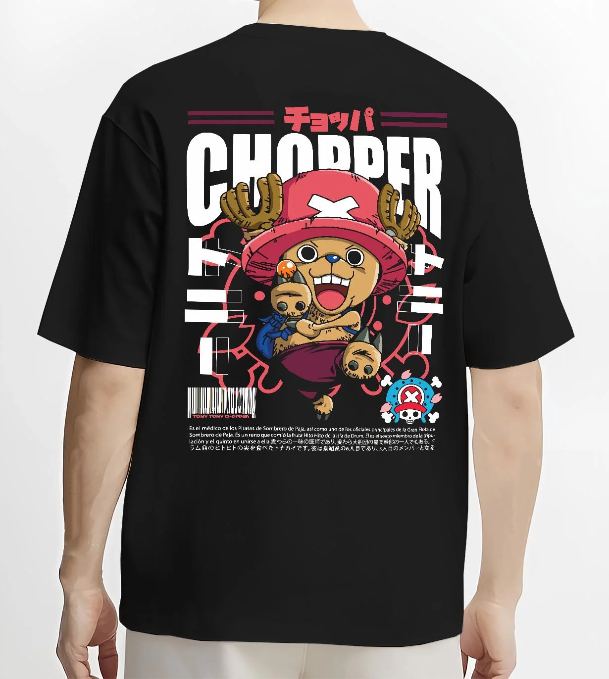 Black T-shirt worn by male model, back view with Chopper Hoodie One Piece Doctor Retro Pirate Poster graphic bold anime graphic.