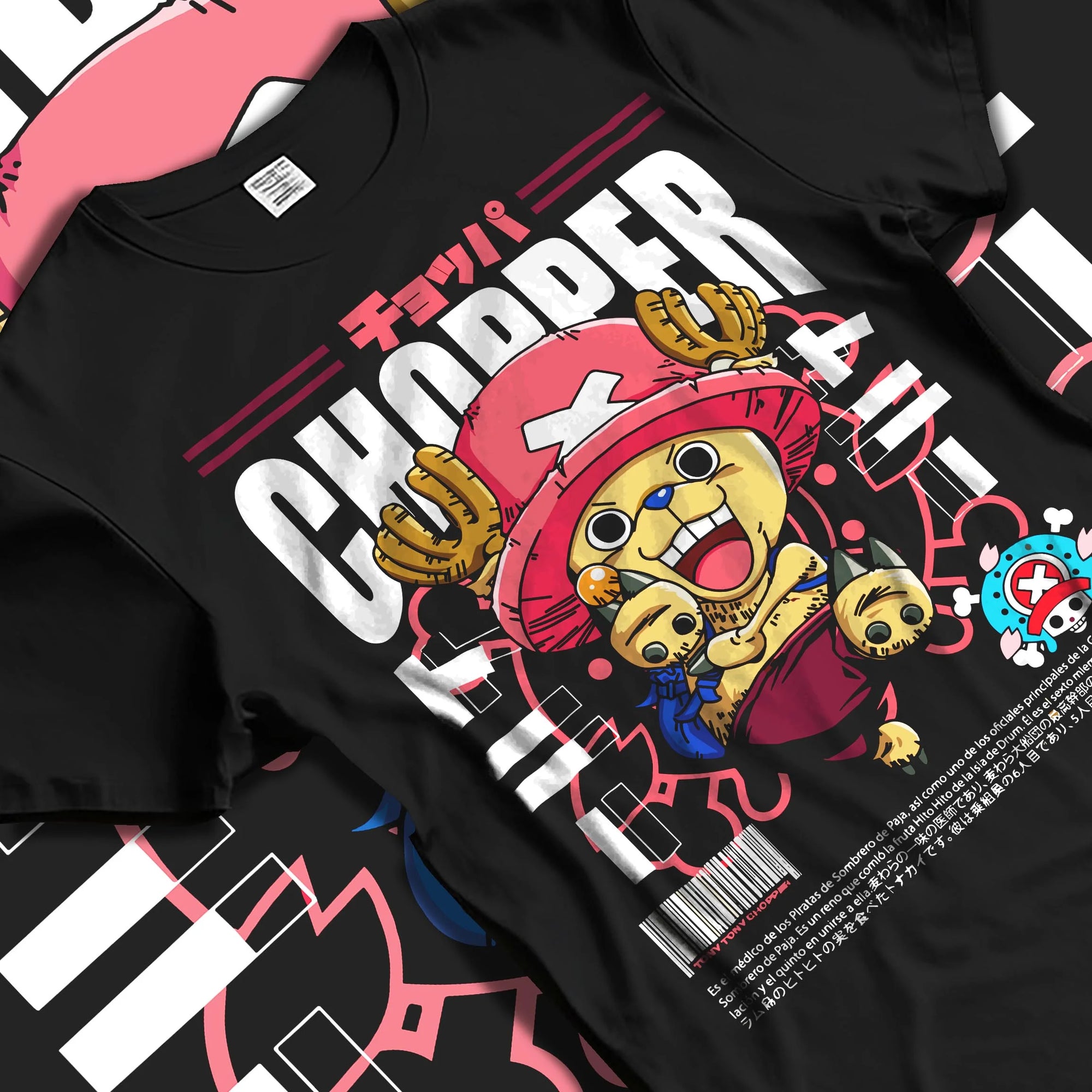 Black T-shirt laid flat with natural folds with Chopper Hoodie One Piece Doctor Retro Pirate Poster graphic premium wear.