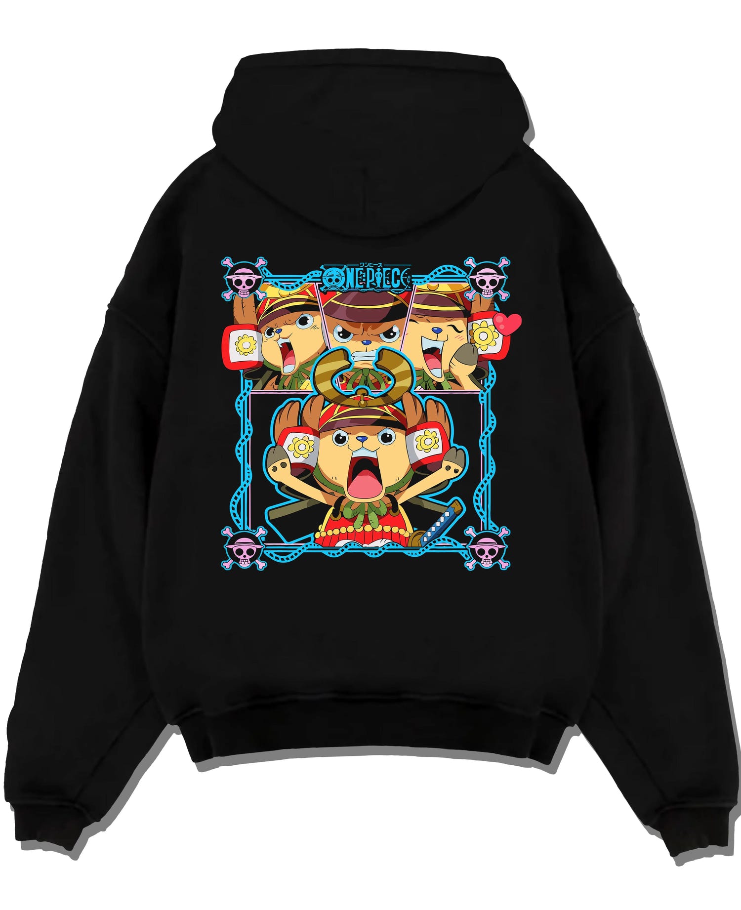 Black pullover hoodie laid flat with Chopper Hoodie One Piece Doctor Pirate Retro Symbol graphic bold anime graphic.