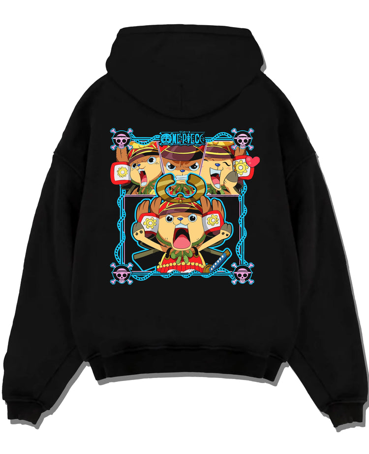 Black pullover hoodie laid flat with Chopper Hoodie One Piece Doctor Pirate Retro Symbol graphic bold anime graphic.