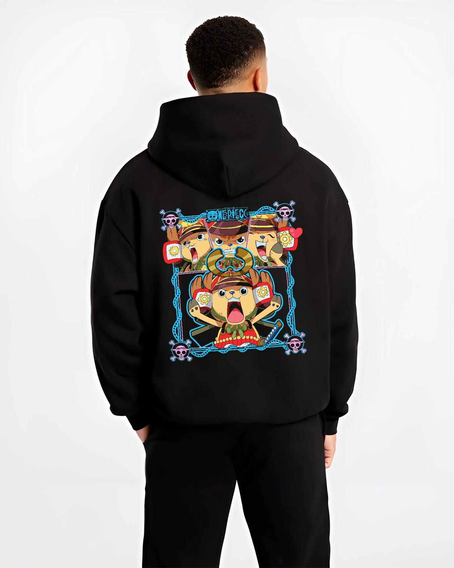 Black hoodie worn by male model, back view with Chopper Hoodie One Piece Doctor Pirate Retro Symbol graphic premium wear.