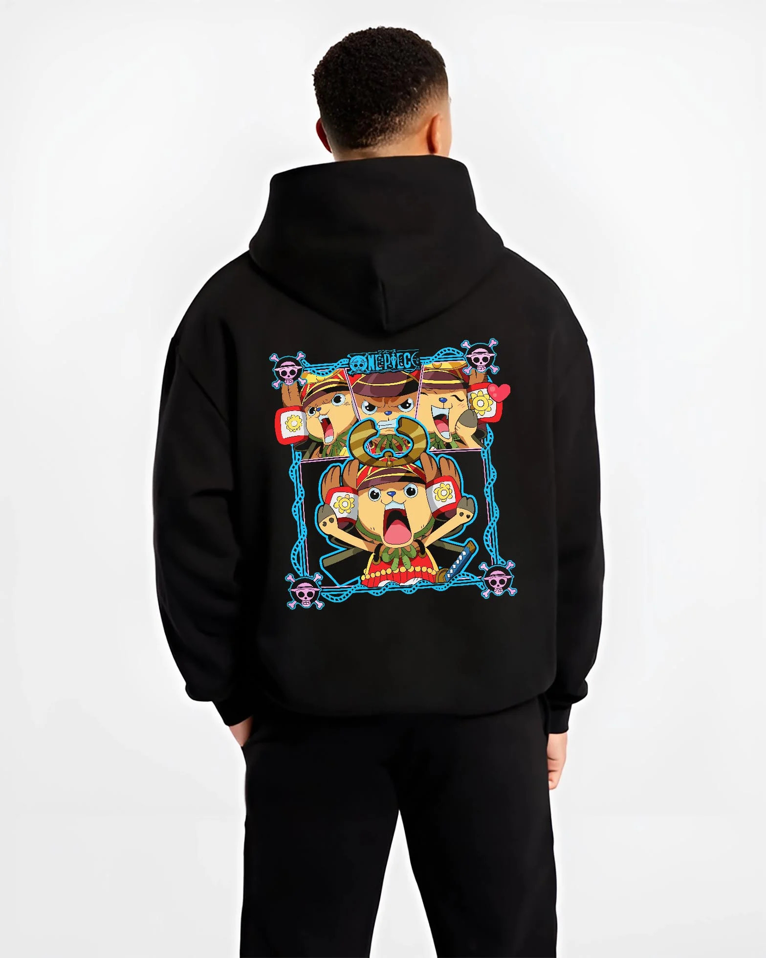 Black hoodie worn by male model, back view with Chopper Hoodie One Piece Doctor Pirate Retro Symbol graphic premium wear.