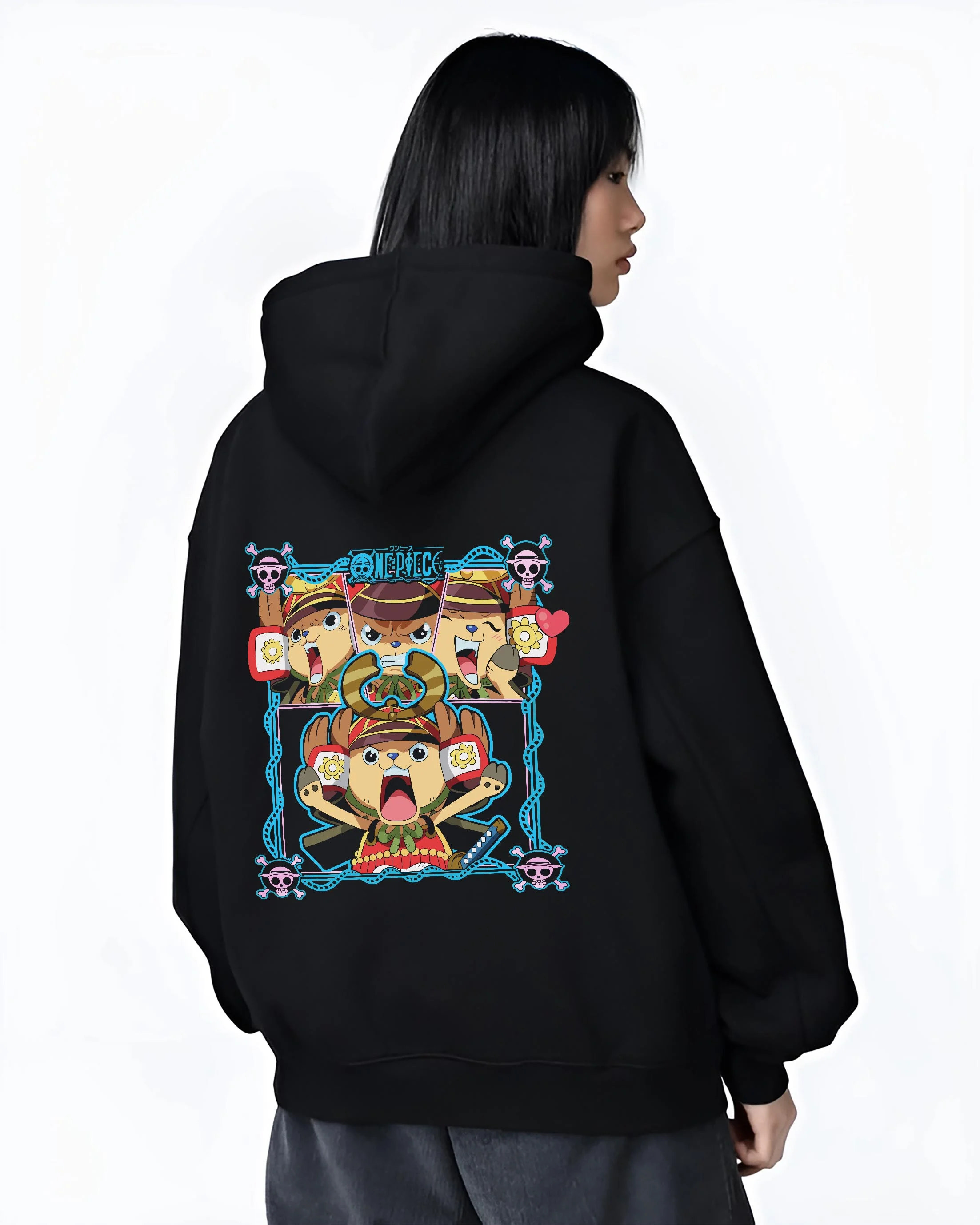 Black hoodie worn by female model, back view with Chopper Hoodie One Piece Doctor Pirate Retro Symbol graphic premium wear.