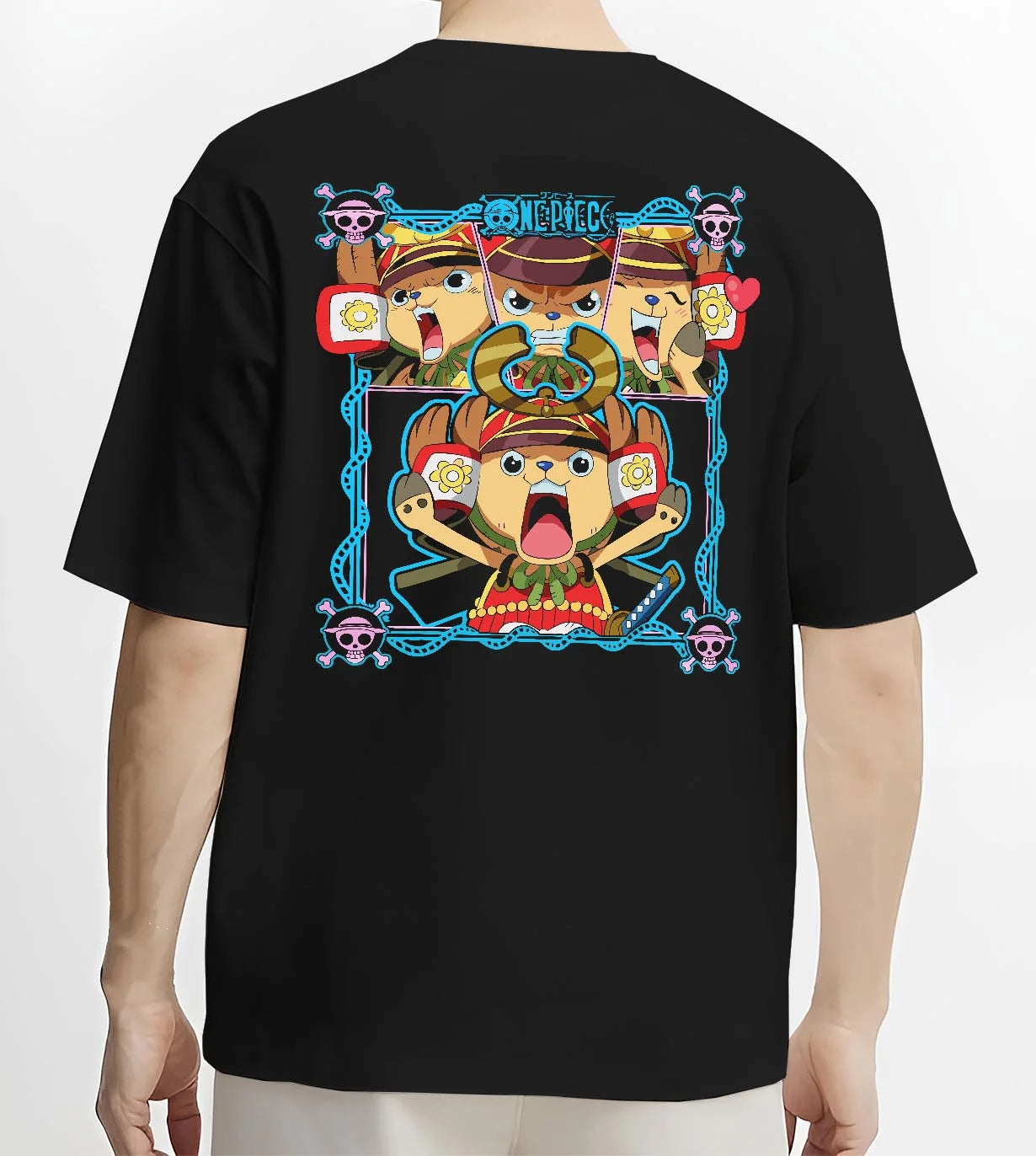 Black T-shirt worn by male model, back view with Chopper Hoodie One Piece Doctor Pirate Retro Symbol graphic bold anime graphic.