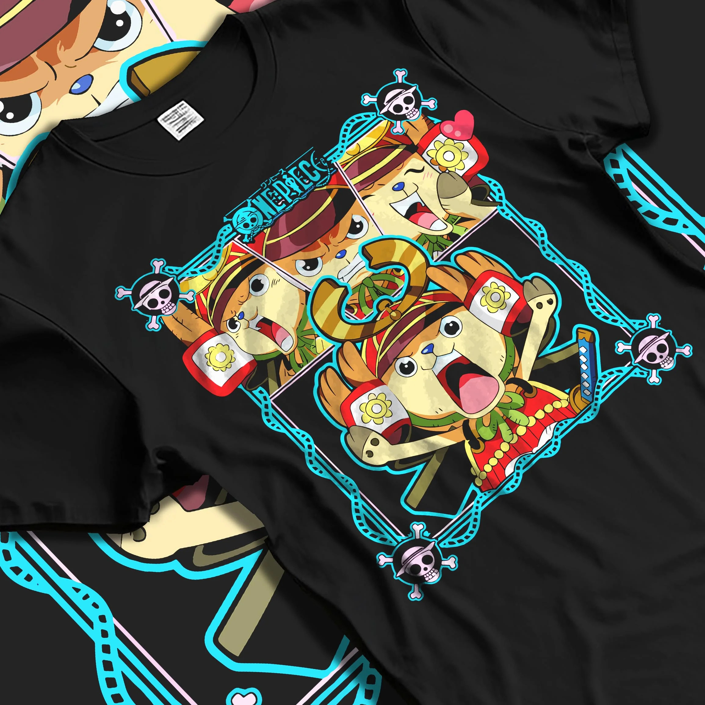 Black T-shirt laid flat with natural folds with Chopper Hoodie One Piece Doctor Pirate Retro Symbol graphic bold anime graphic.