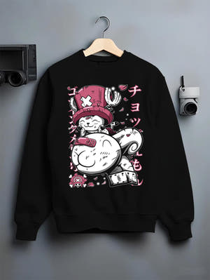 Black crewneck sweatshirt on a hanger against a grey wall, featuring Tony Tony Chopper Japanese animation streetwear style design in bold pink manga aesthetic.