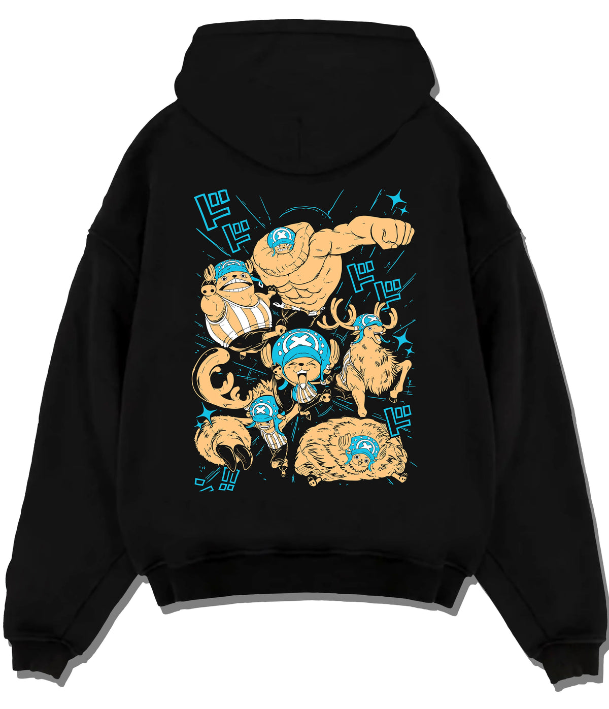 Black hoodie flat back view showing Tony Tony Chopper from One Piece: multiple transformed forms