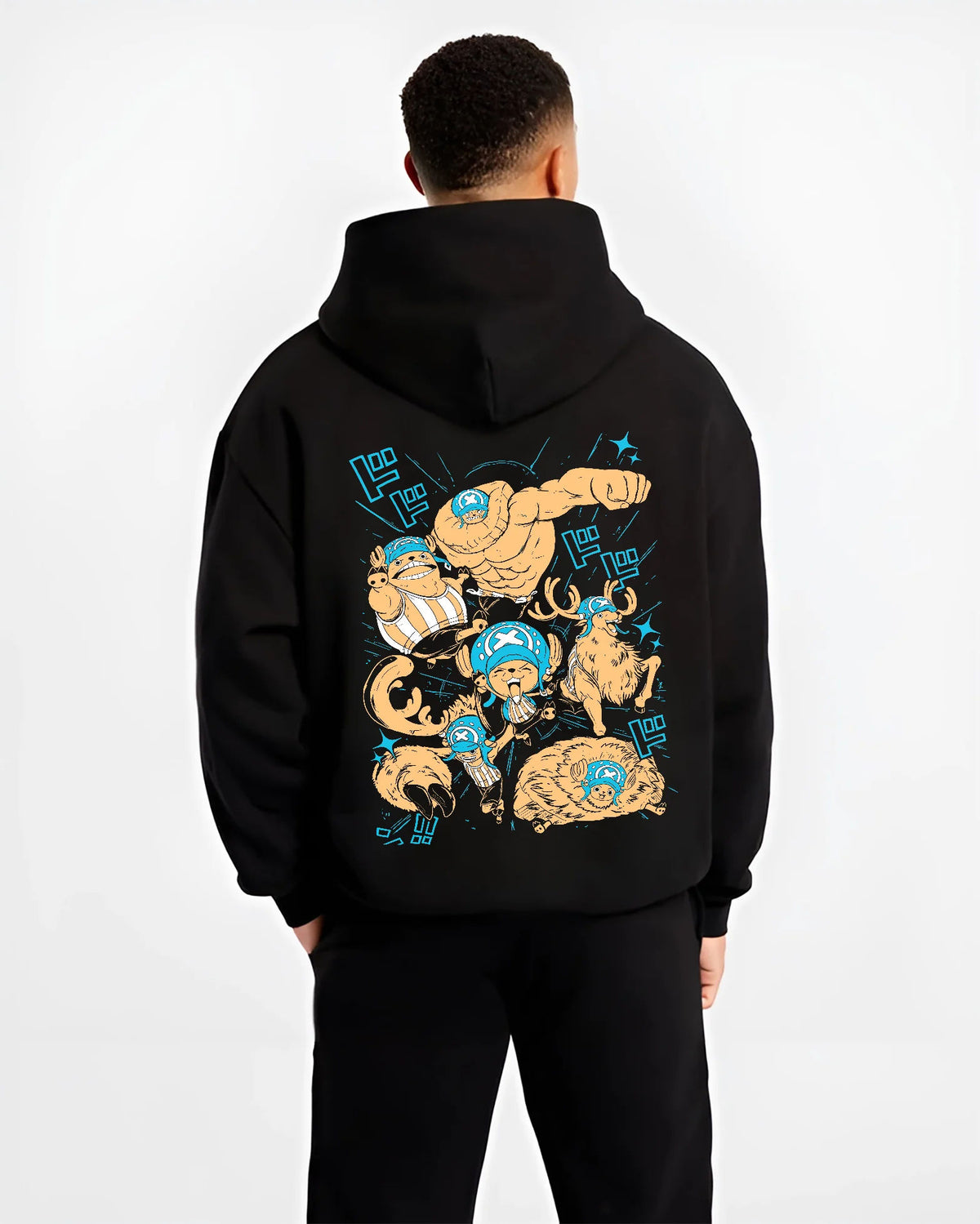 Black hoodie model back view showing Tony Tony Chopper from One Piece: multiple transformed forms