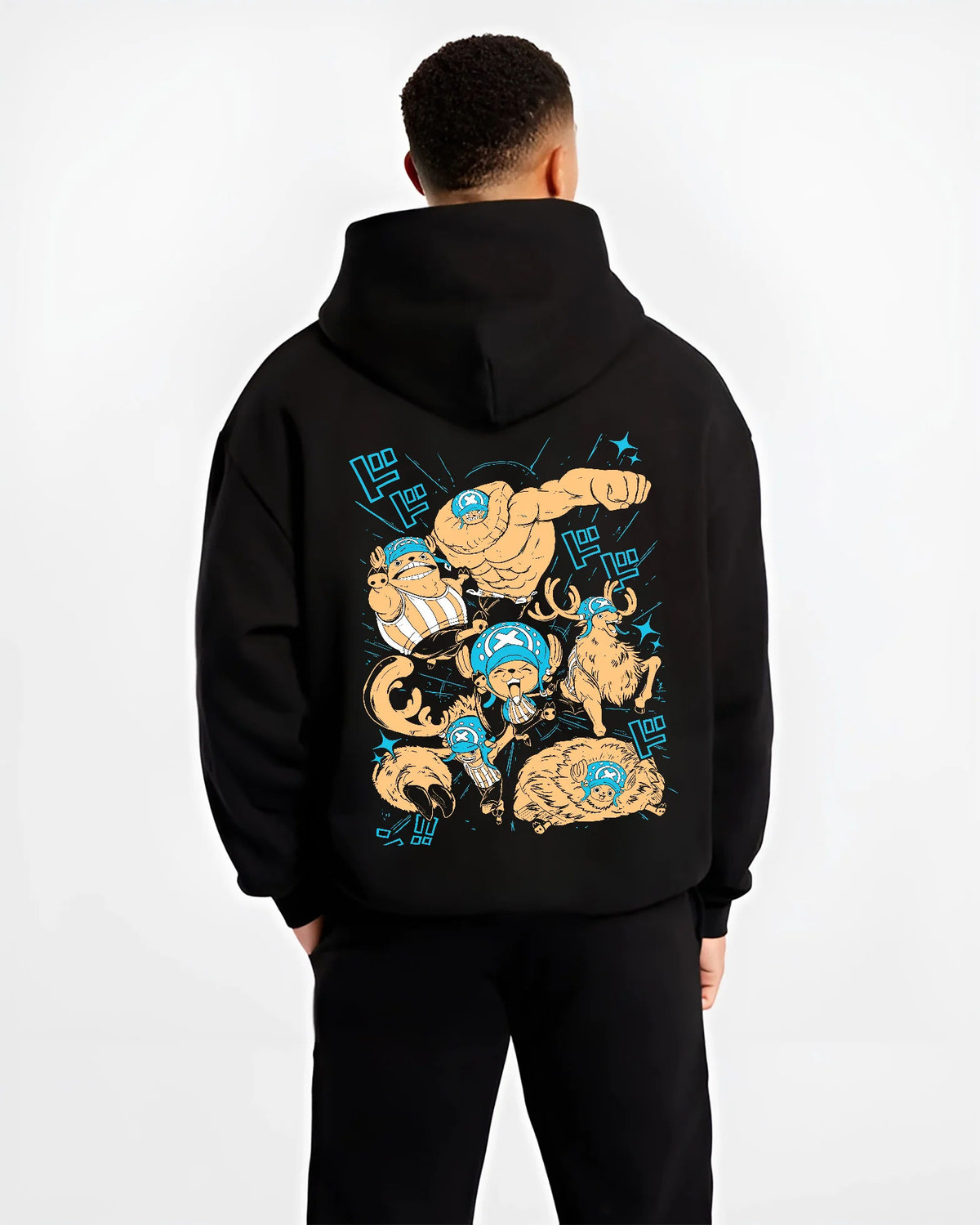 Black hoodie model back view showing Tony Tony Chopper from One Piece: multiple transformed forms