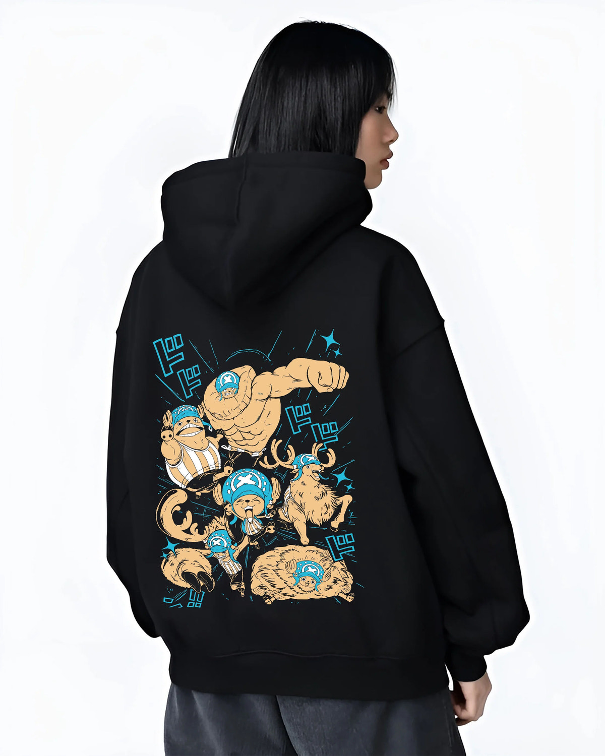 Black hoodie female model back view showing Tony Tony Chopper from One Piece: multiple transformed forms