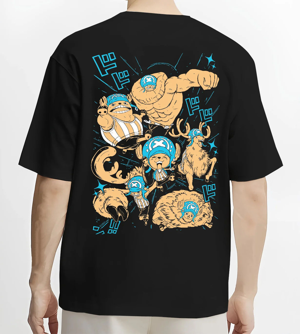 Black T-shirt model back view showing Tony Tony Chopper from One Piece: multiple transformed forms