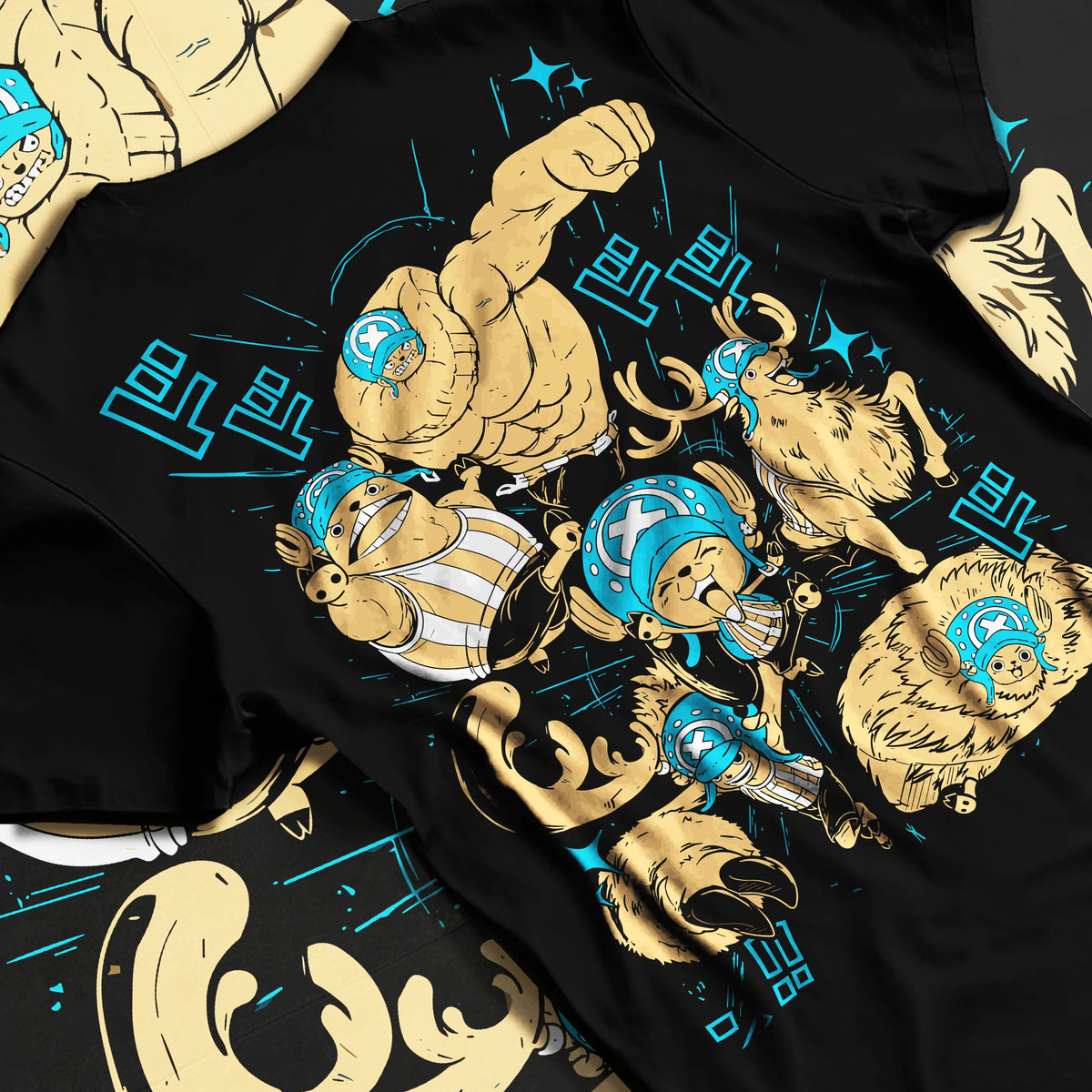 Black T-shirt flat back view showing Tony Tony Chopper from One Piece: multiple transformed forms