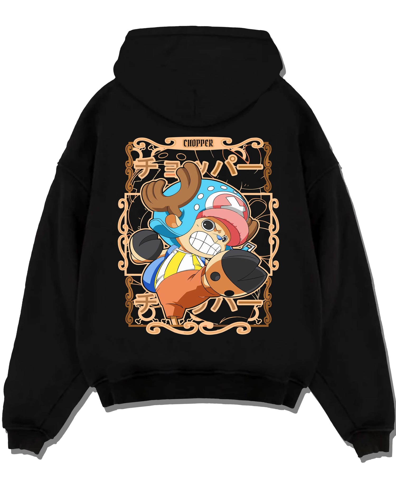 Black pullover hoodie laid flat with Chopper Hoodie One Piece Doctor Small Smirk Panel graphic streetwear graphic.