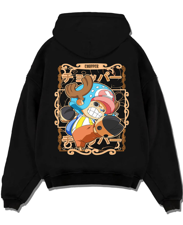 Black pullover hoodie laid flat with Chopper Hoodie One Piece Doctor Small Smirk Panel graphic streetwear graphic.