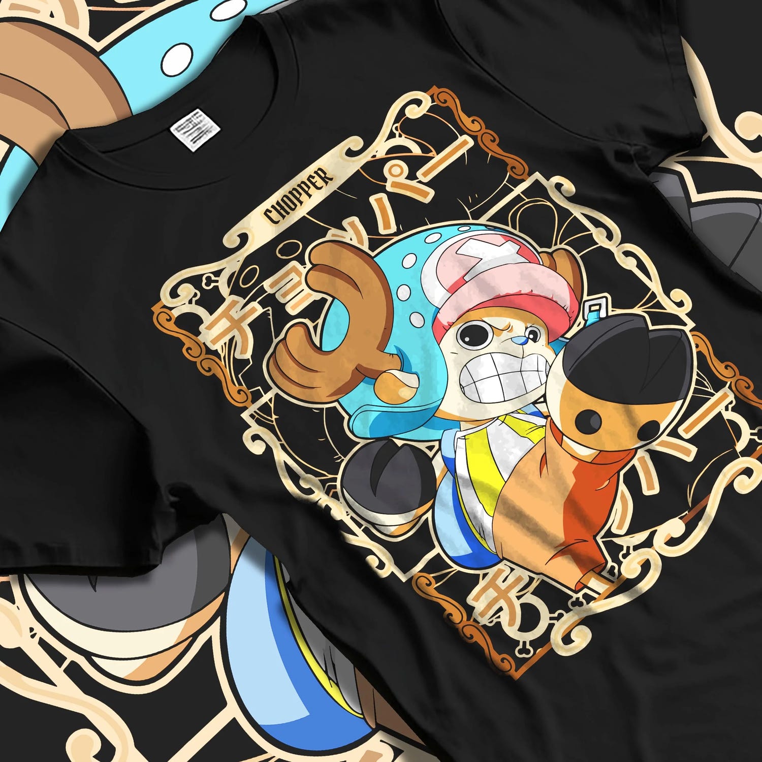 Black T-shirt laid flat with natural folds with Chopper Hoodie One Piece Doctor Small Smirk Panel graphic bold anime graphic.