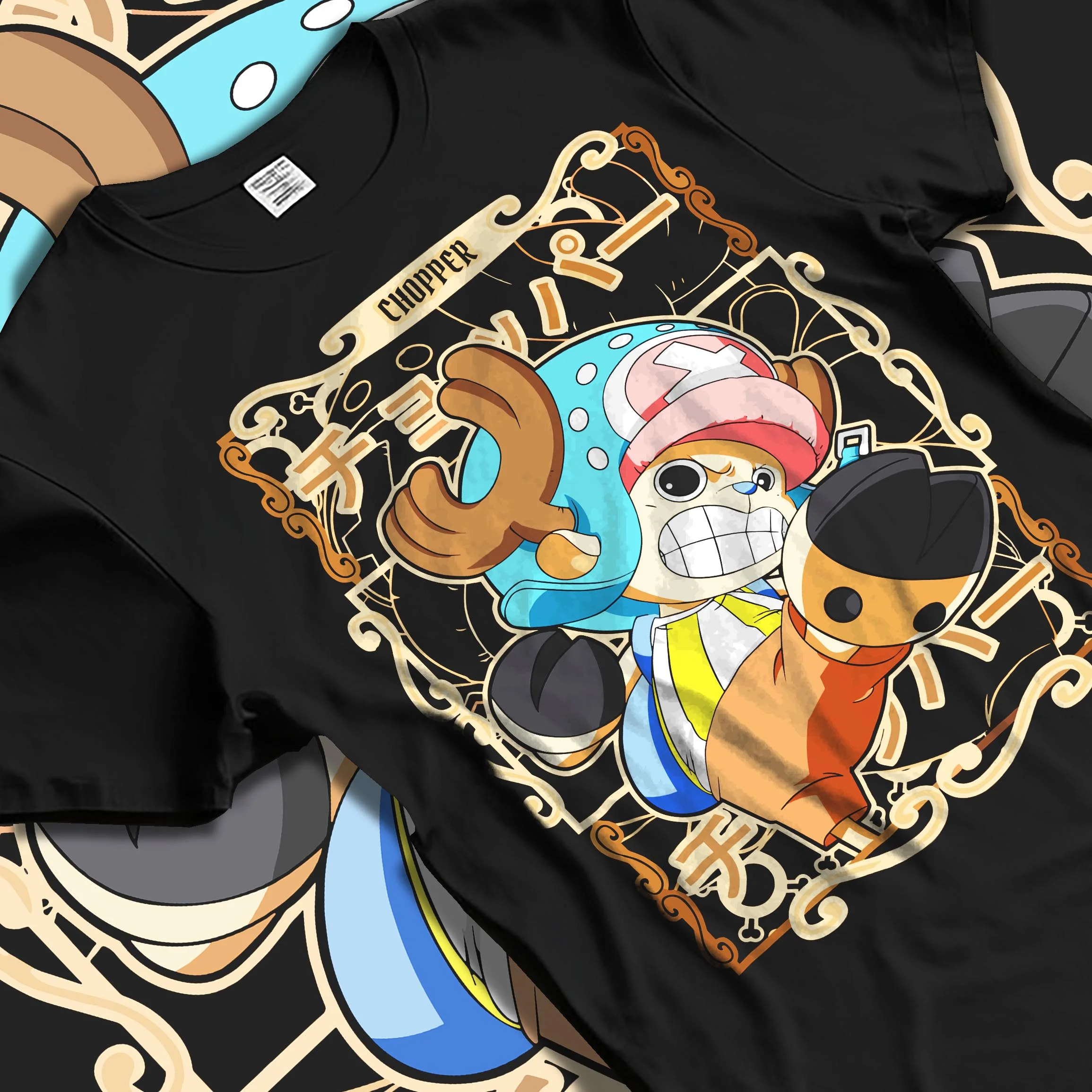 Black T-shirt laid flat with natural folds with Chopper Hoodie One Piece Doctor Small Smirk Panel graphic bold anime graphic.
