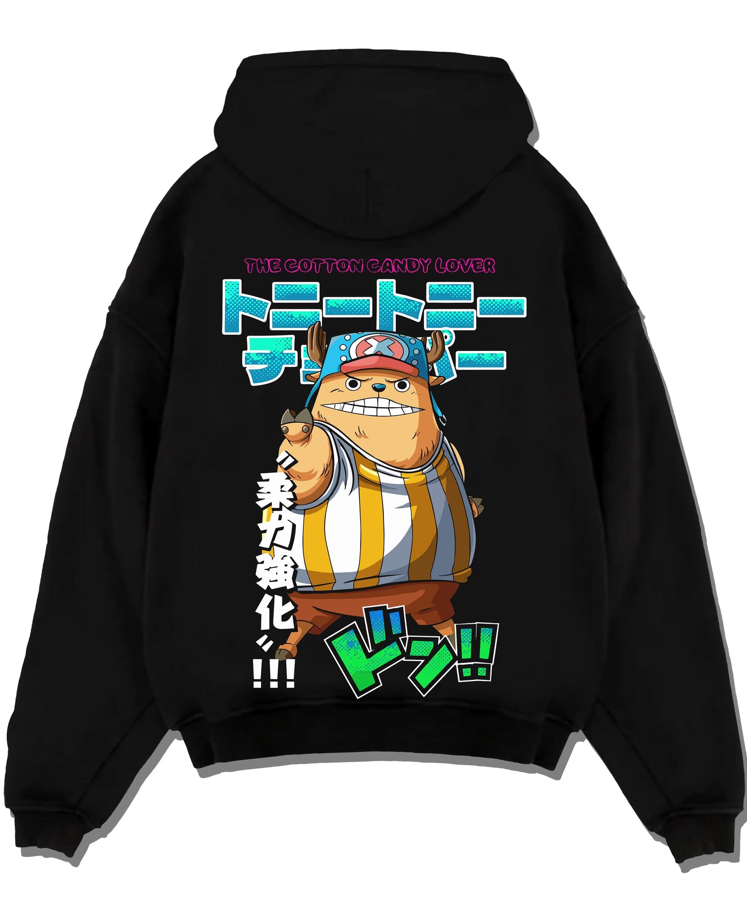 Black pullover hoodie laid flat with Chopper Hoodie One Piece Pirate Straw Hat Crew Hero graphic premium wear.