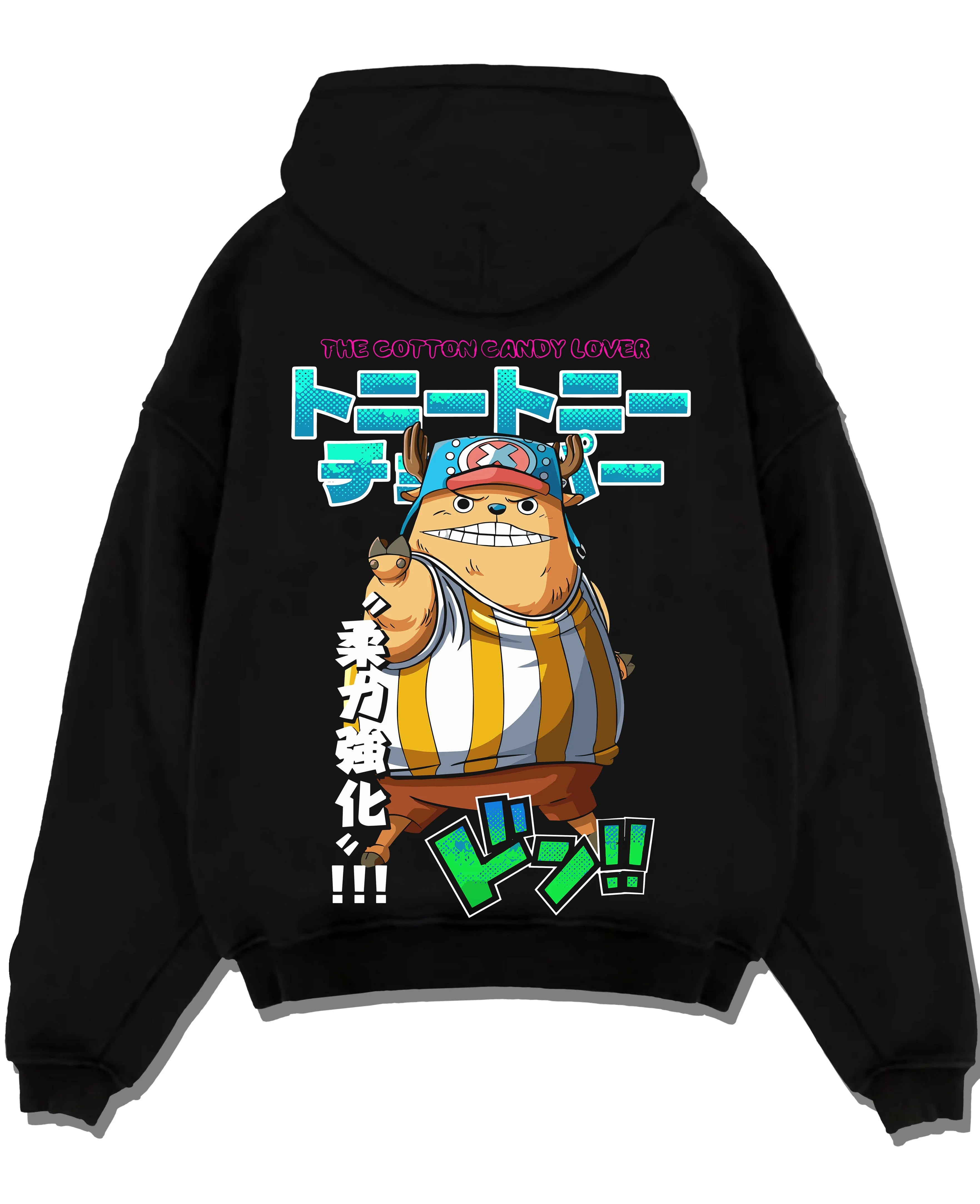 Black pullover hoodie laid flat with Chopper Hoodie One Piece Pirate Straw Hat Crew Hero graphic premium wear.