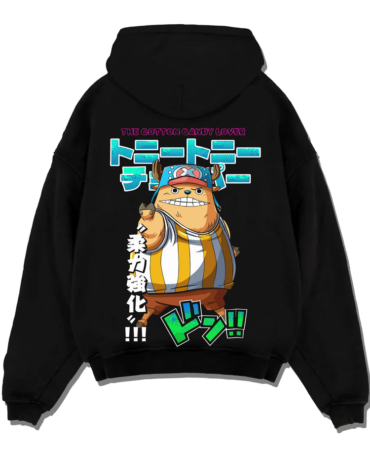 Black pullover hoodie laid flat with Chopper Hoodie One Piece Pirate Straw Hat Crew Hero graphic premium wear.