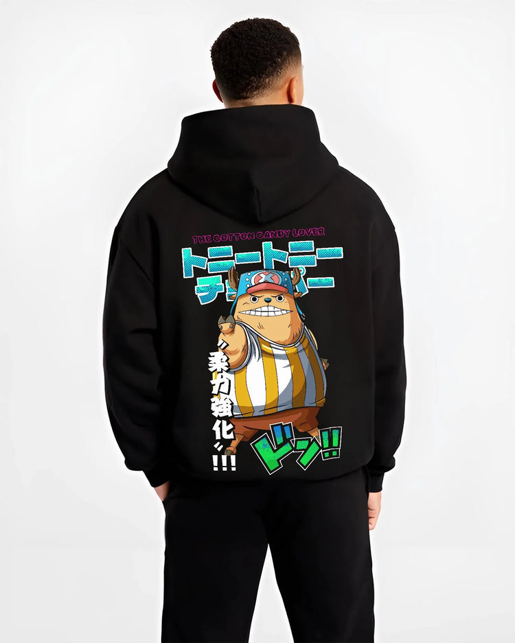 Black hoodie worn by male model, back view with Chopper Hoodie One Piece Pirate Straw Hat Crew Hero graphic streetwear graphic.
