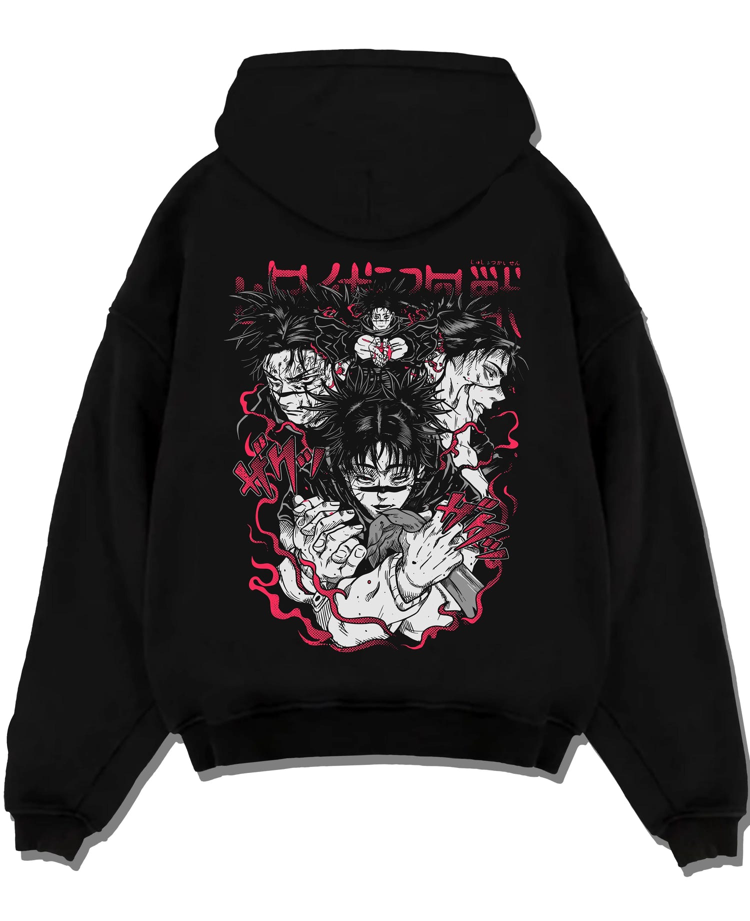 Black pullover hoodie laid flat with Choso Hoodie Jujutsu Kaisen Cursed Blood Red Battle graphic streetwear graphic.