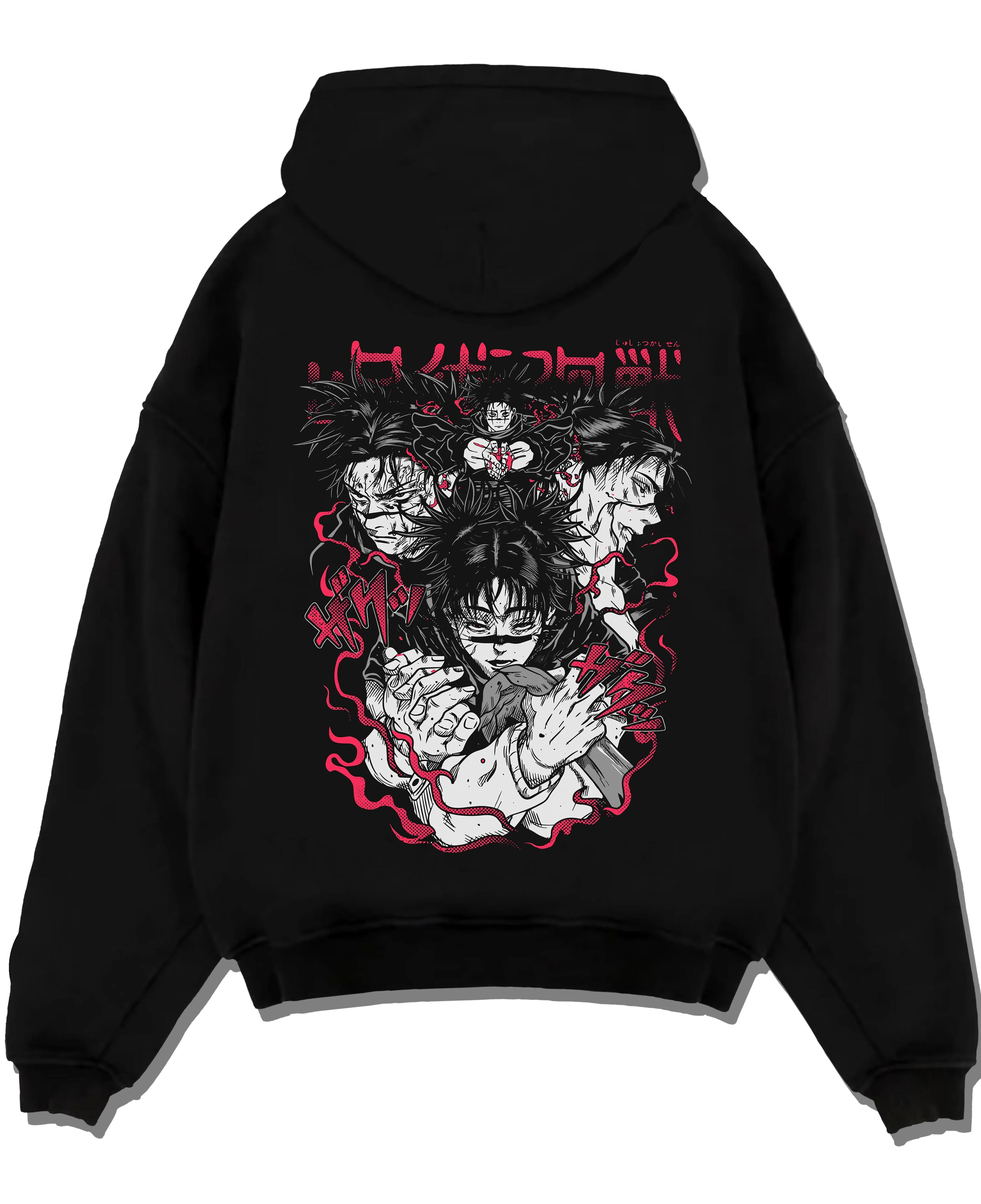 Black pullover hoodie laid flat with Choso Hoodie Jujutsu Kaisen Cursed Blood Red Battle graphic streetwear graphic.