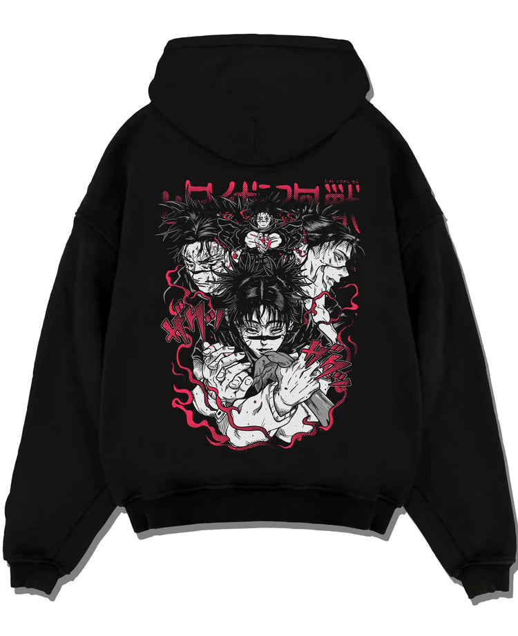 Black pullover hoodie laid flat with Choso Hoodie Jujutsu Kaisen Cursed Blood Red Battle graphic streetwear graphic.