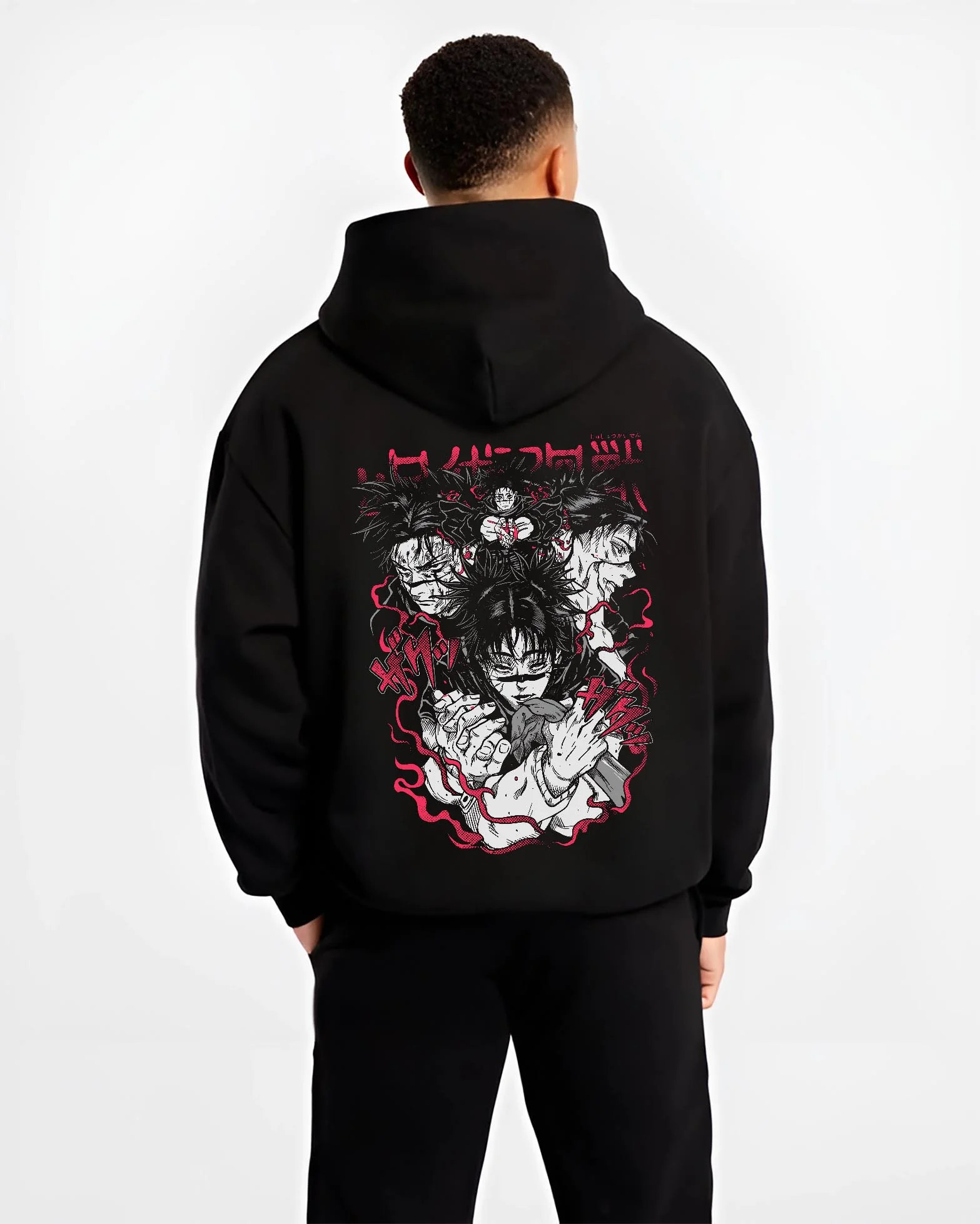 Black hoodie worn by male model, back view with Choso Hoodie Jujutsu Kaisen Cursed Blood Red Battle graphic premium wear.