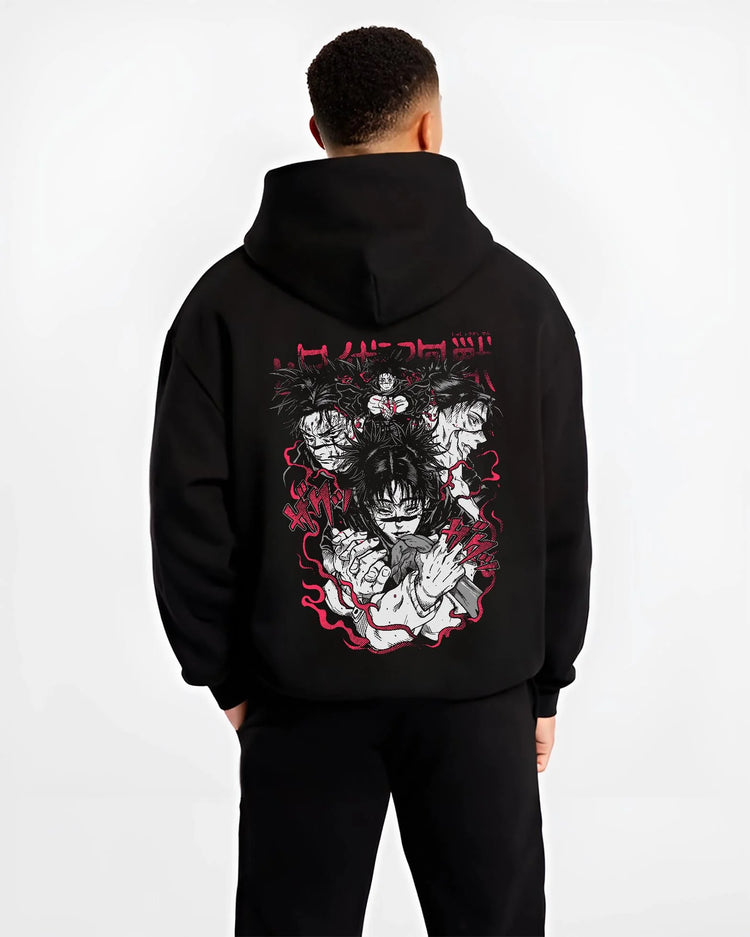 Black hoodie worn by male model, back view with Choso Hoodie Jujutsu Kaisen Cursed Blood Red Battle graphic premium wear.