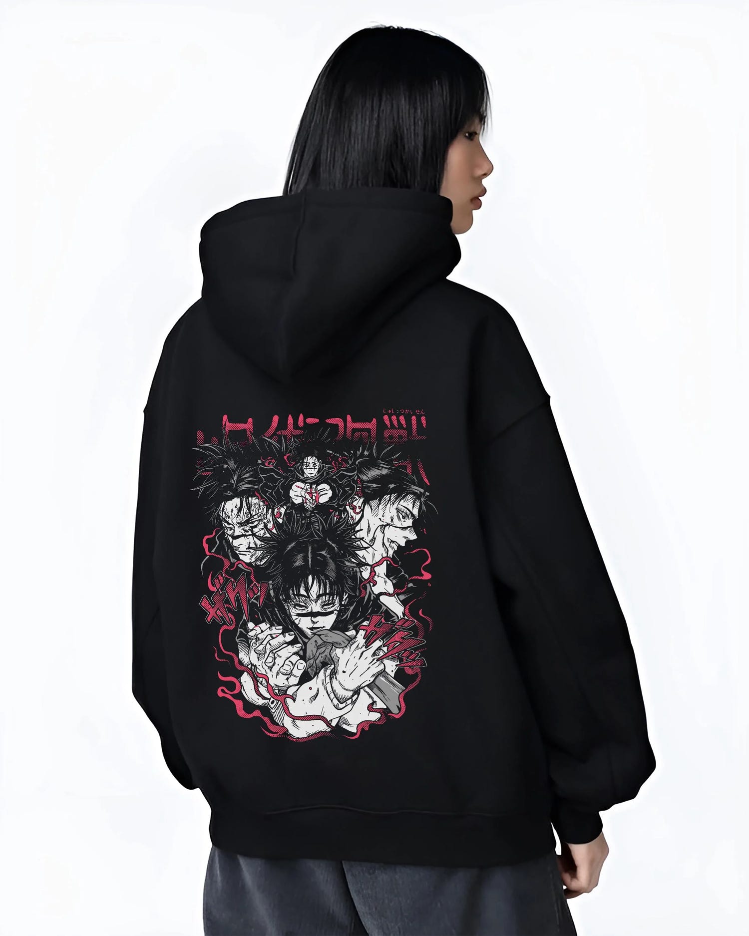 Black hoodie worn by female model, back view with Choso Hoodie Jujutsu Kaisen Cursed Blood Red Battle graphic Choso anime design.