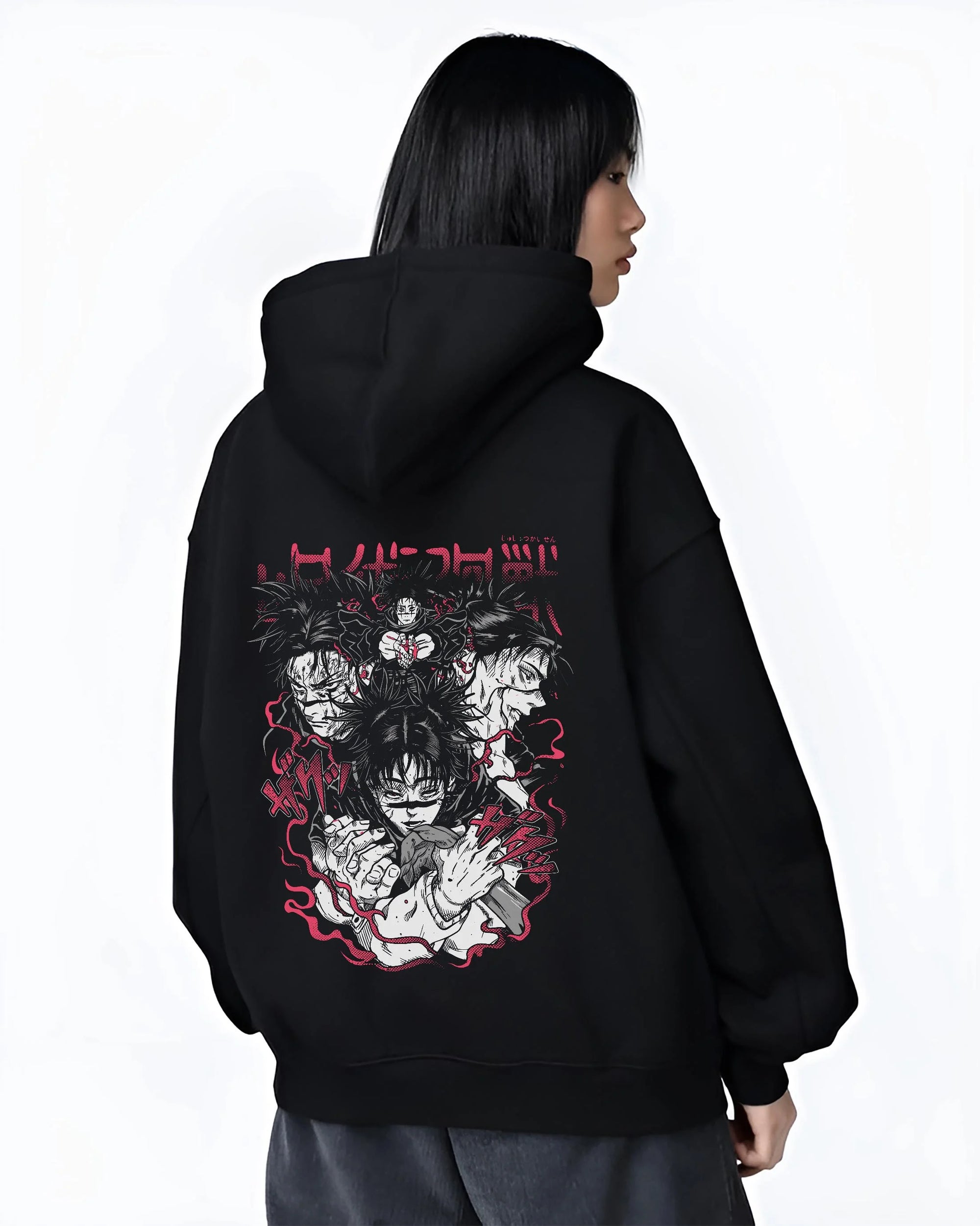 Black hoodie worn by female model, back view with Choso Hoodie Jujutsu Kaisen Cursed Blood Red Battle graphic Choso anime design.