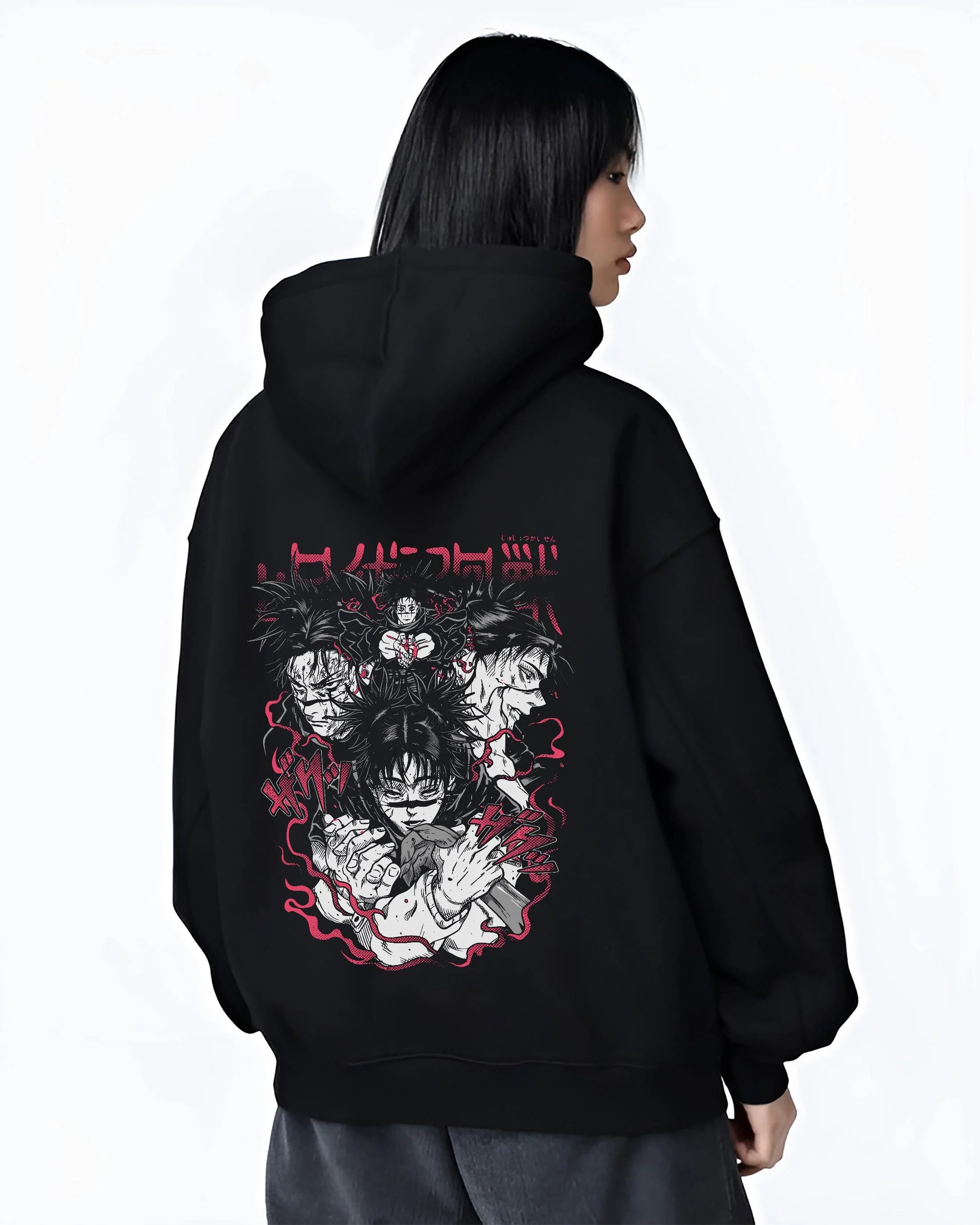 Black hoodie worn by female model, back view with Choso Hoodie Jujutsu Kaisen Cursed Blood Red Battle graphic Choso anime design.