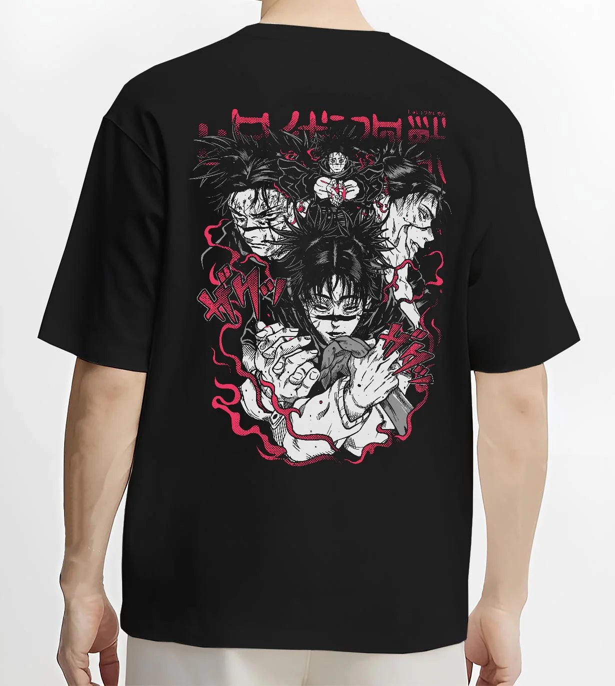 Black T-shirt worn by male model, back view with Choso Hoodie Jujutsu Kaisen Cursed Blood Red Battle graphic Choso anime design.