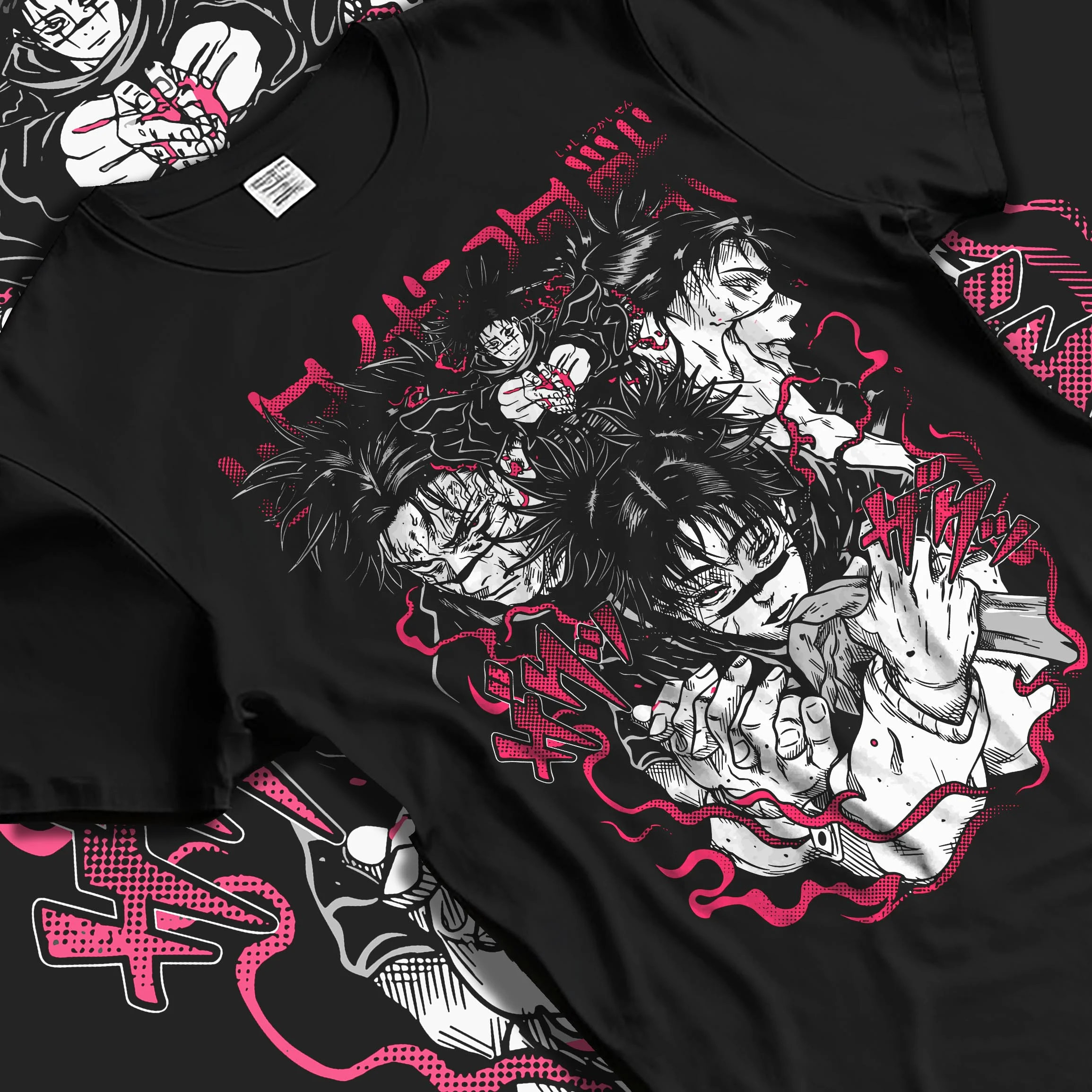 Black T-shirt laid flat with natural folds with Choso Hoodie Jujutsu Kaisen Cursed Blood Red Battle graphic streetwear graphic.