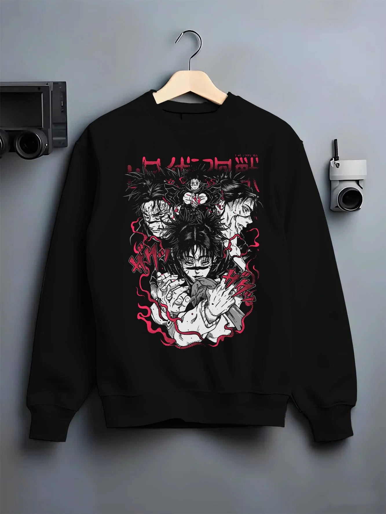 Black crewneck sweatshirt on hanger with Choso Hoodie Jujutsu Kaisen Cursed Blood Red Battle graphic premium wear.